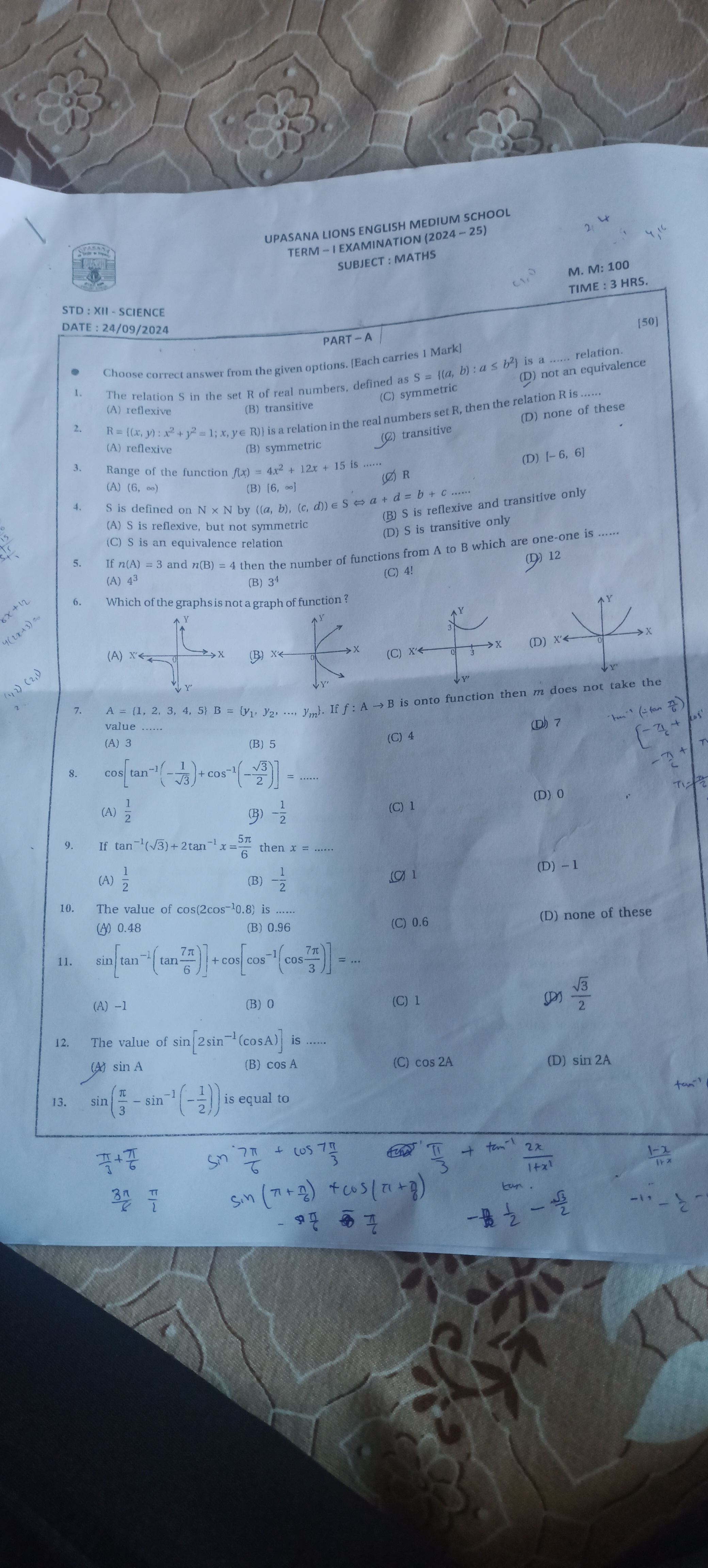 STD: XII SCIENCE
DATE: 24/09/2024
UPASANA LIONS ENGLISH MEDIUM SCHOOL
