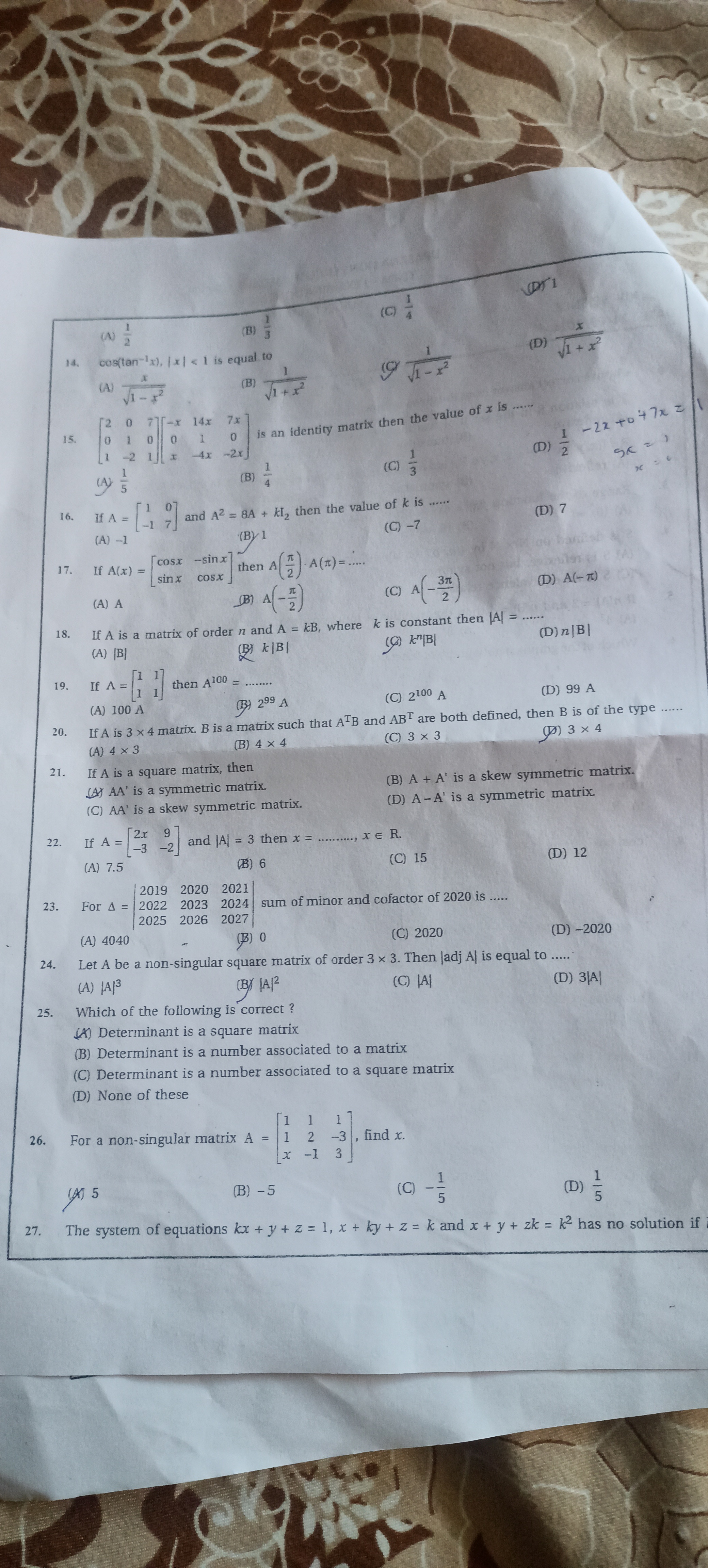 (N) 2
(C)
(B) 3
14. cos(tan-1x), |x|< 1 is equal to
15.
(A) √1-82
[2 0