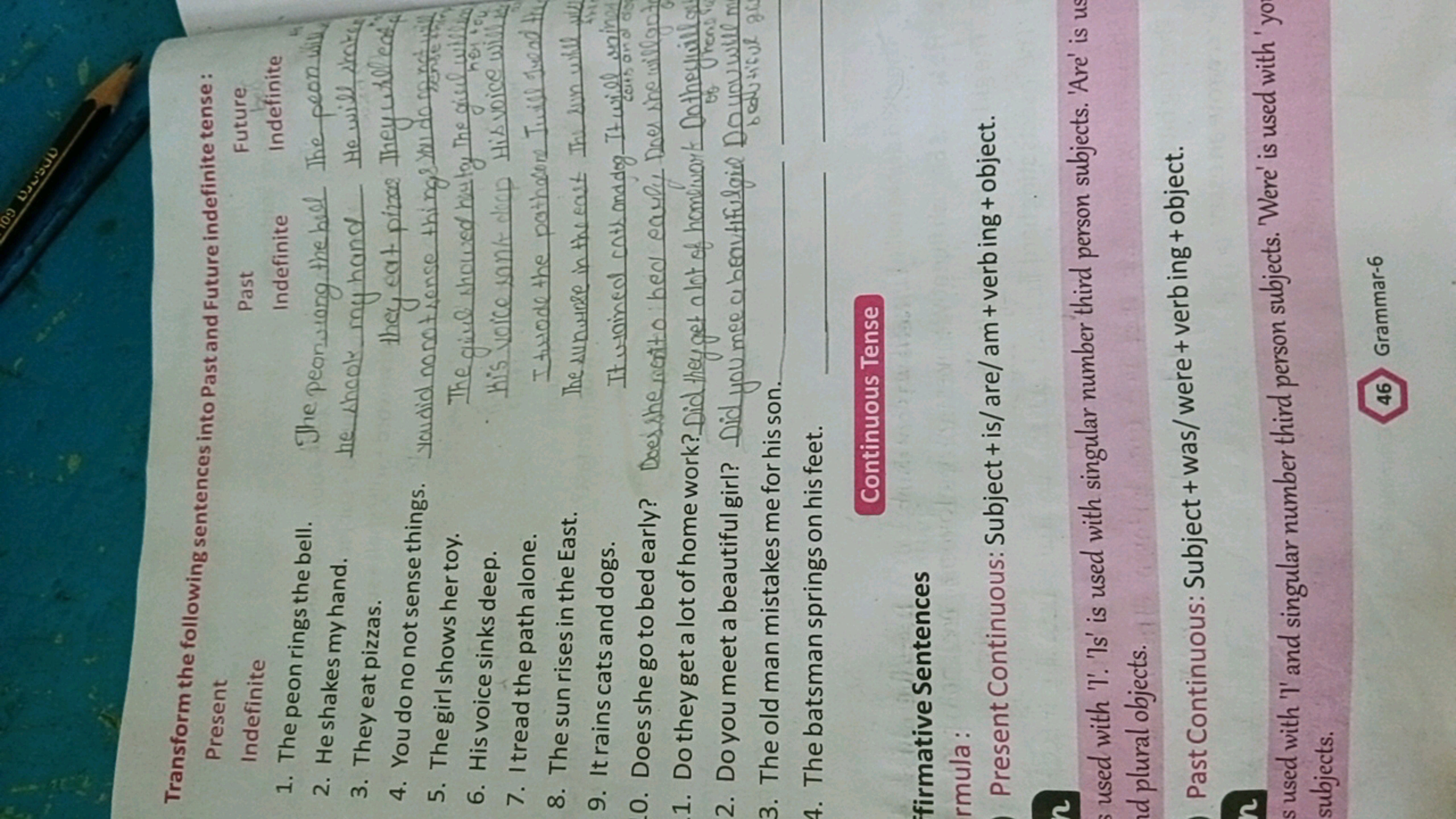 Transform the following sentences into Past and Future indefinite tens