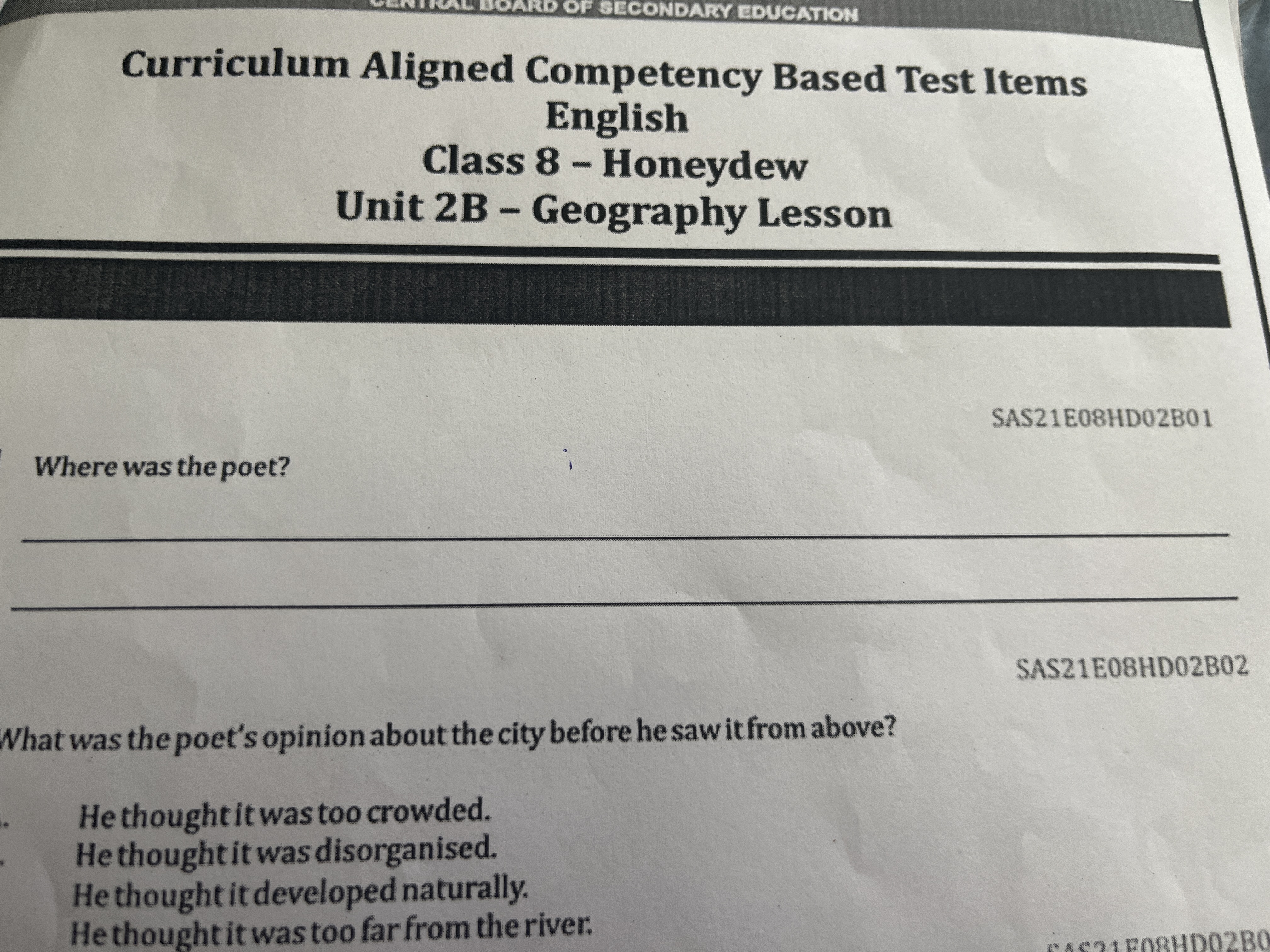 Curriculum Aligned Competency Based Test Items English
Class 8 - Honey