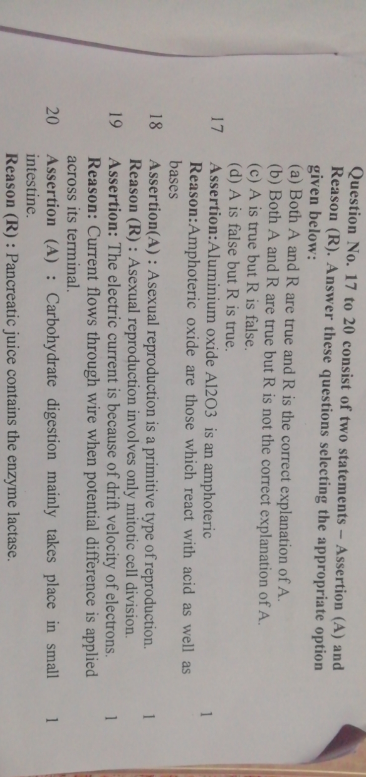 Question No. 17 to 20 consist of two statements - Assertion (A) and Re