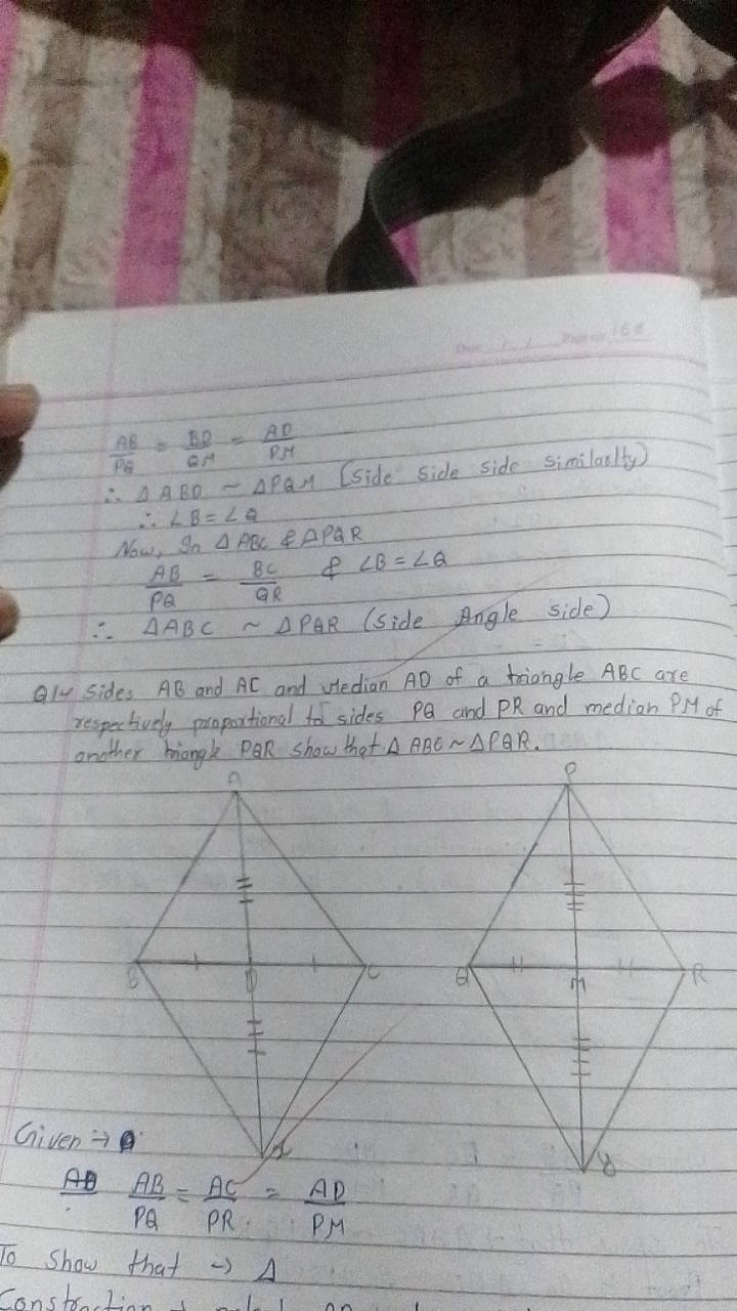 PG​AB​=QMBD​=PMAD​
∴∠B=∠Q Now, Ia​△ABC&PPQRPQAB​=QRBc​&∠B=∠A​
∴△ABC∼△P