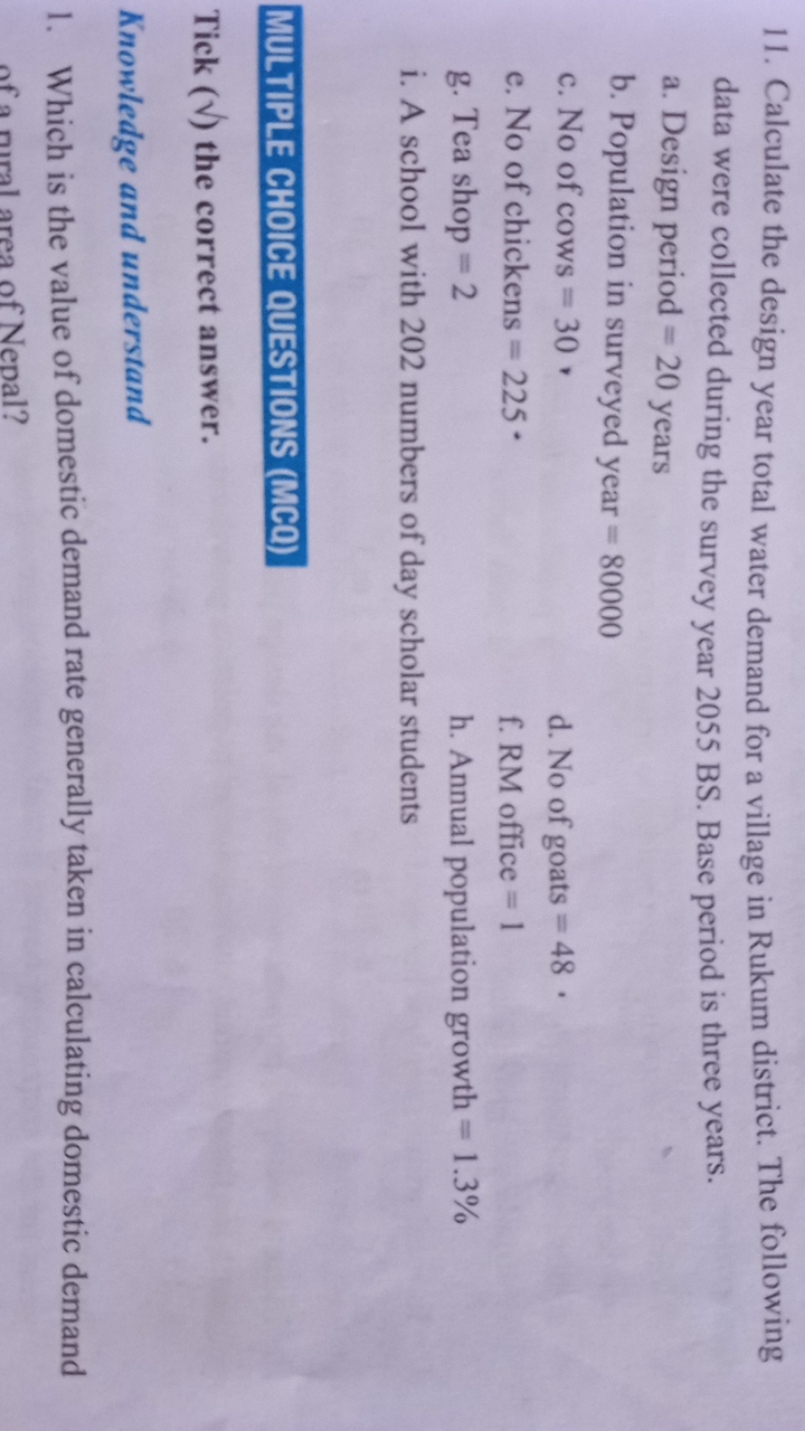 11. Calculate the design year total water demand for a village in Ruku