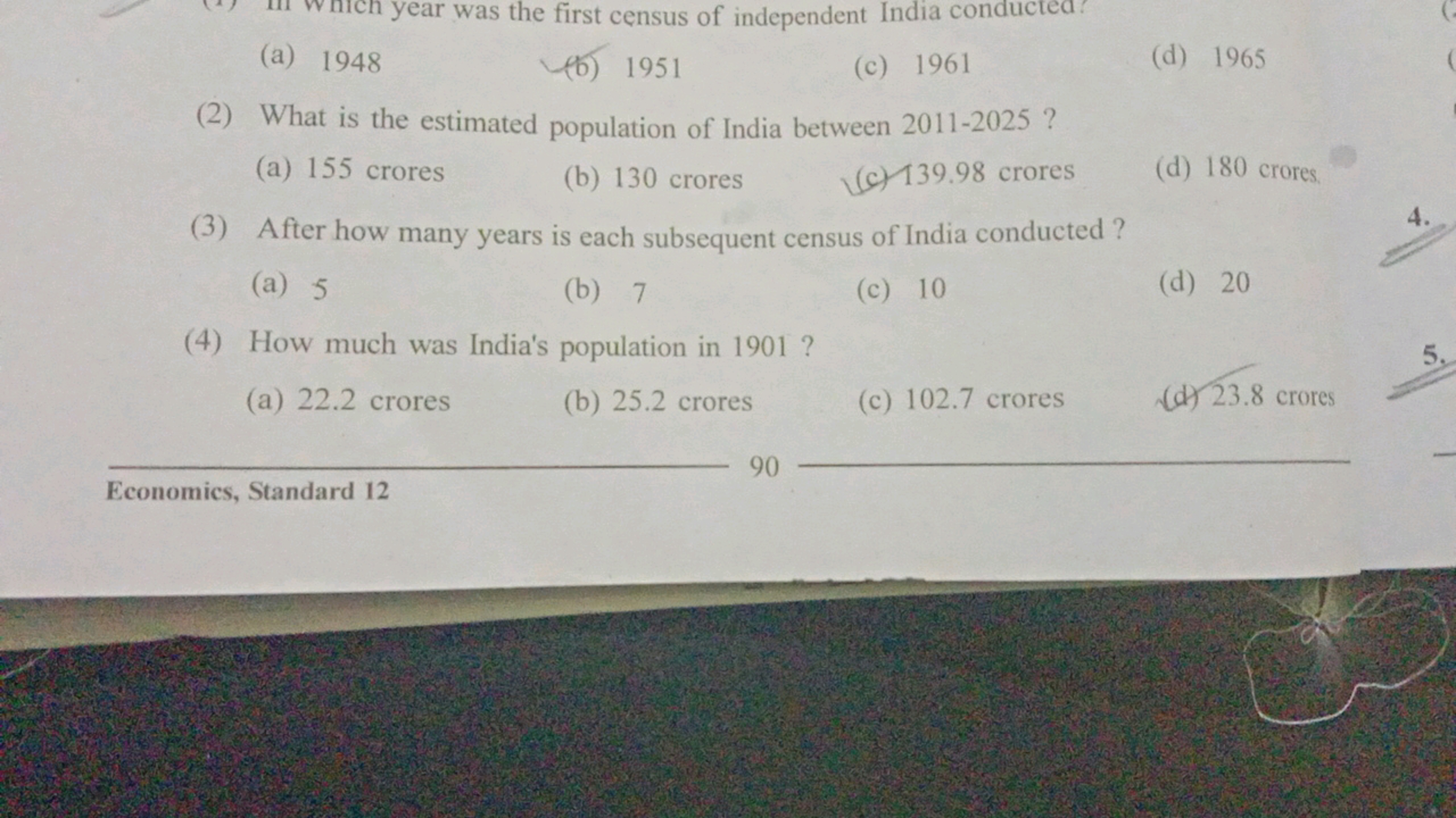 (a) 1948
(b) 1951
(c) 1961
(d) 1965
(2) What is the estimated populati