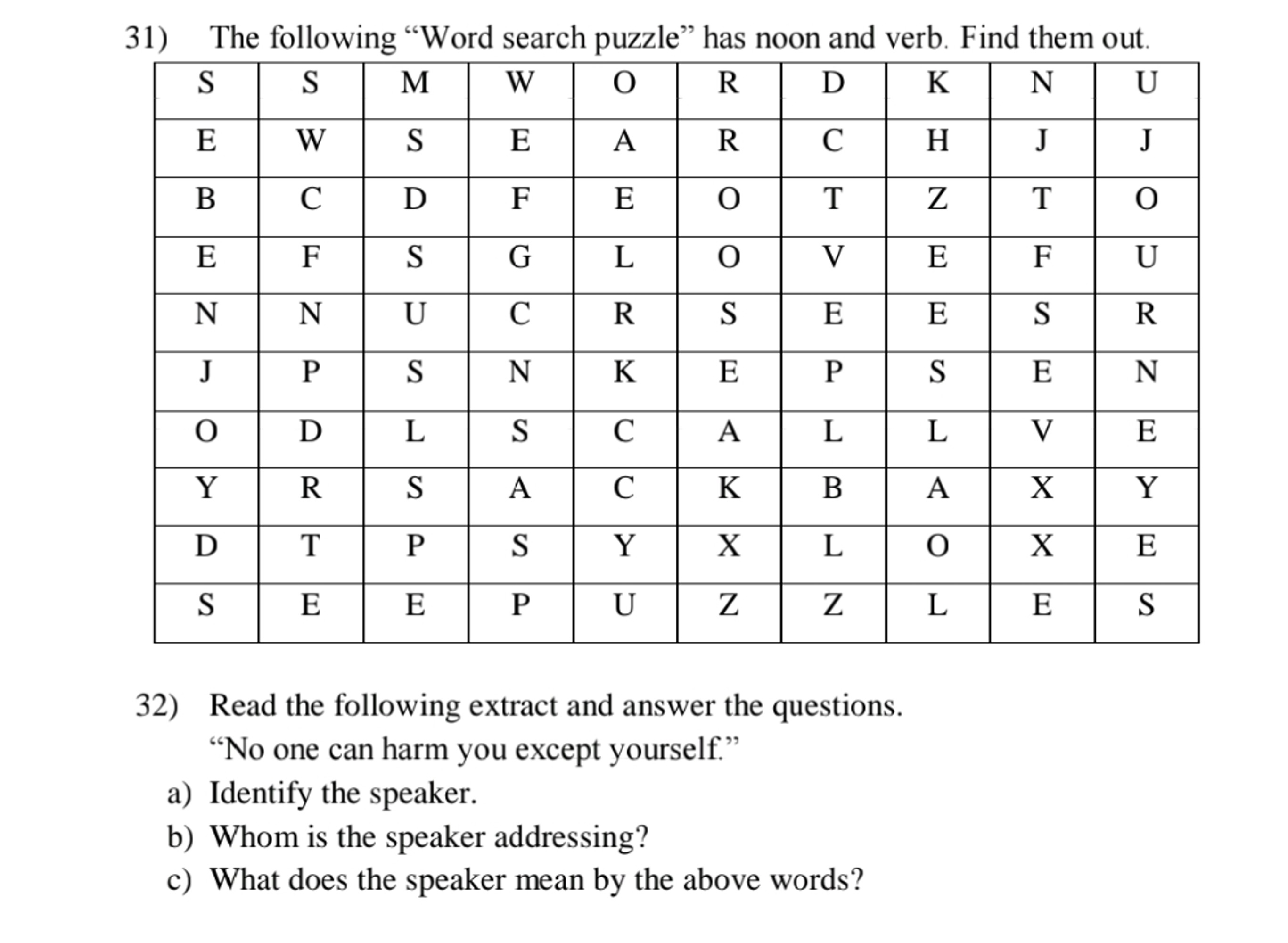 31) The following "Word search puzzle" has noon and verb. Find them ou