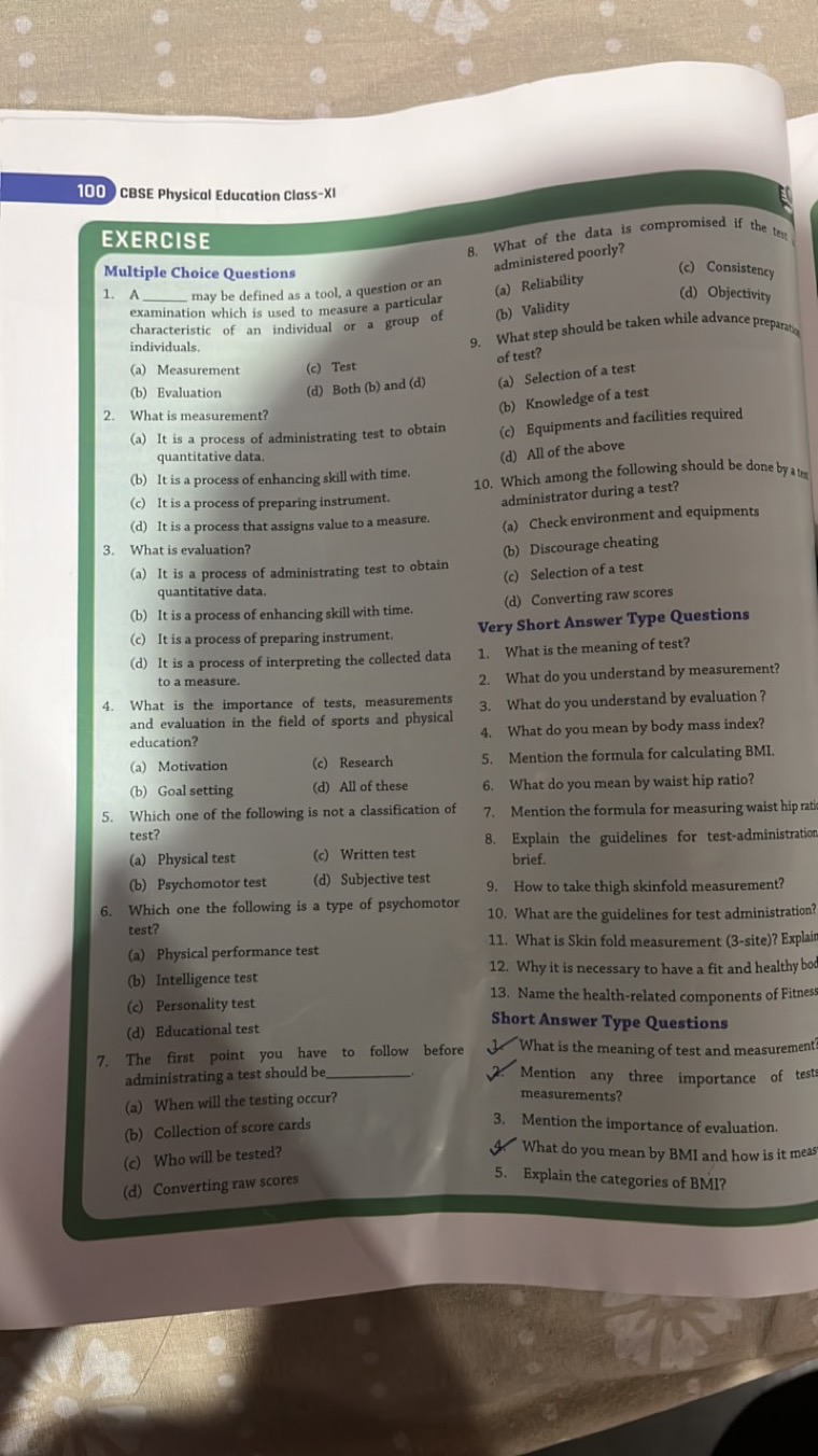 100 CBSE Physical Education Class-XI
EXERCISE
Multiple Choice Question