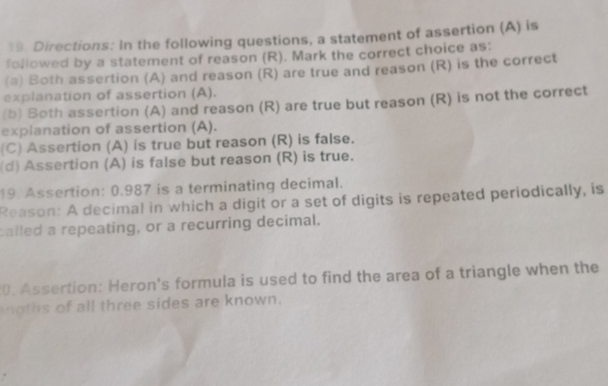 19. Directions: In the following questions, a statement of assertion (