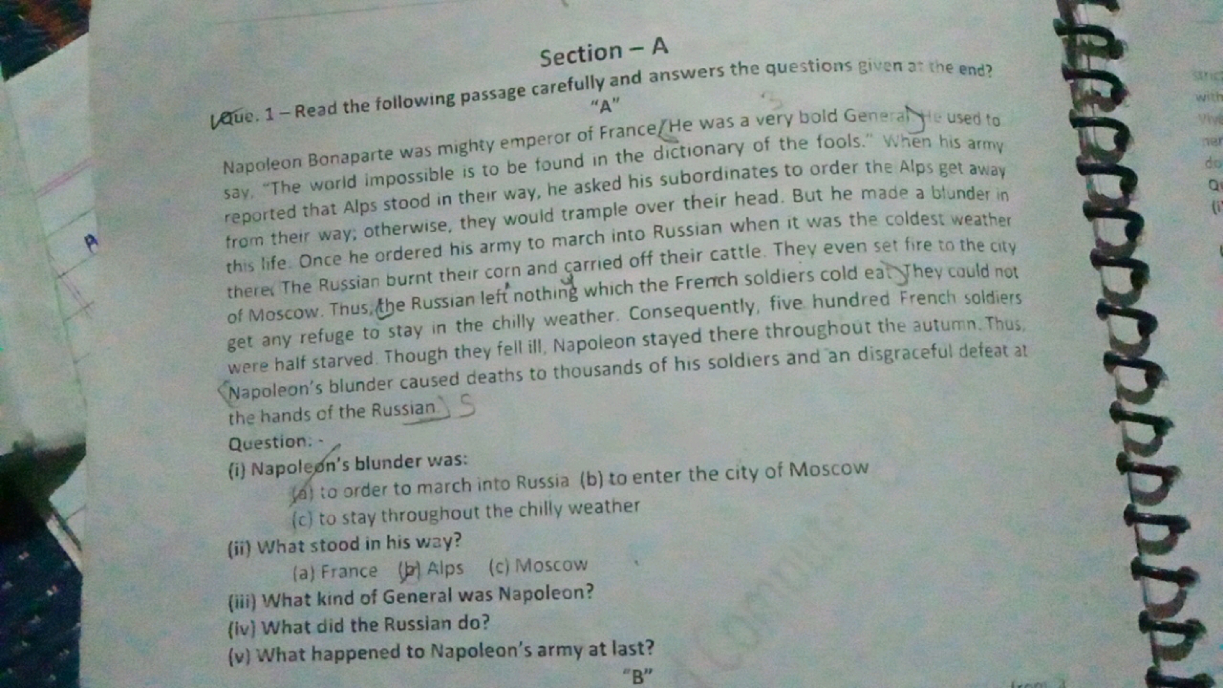 Section - A
Que. 1 - Read the following passage carefully and answers 