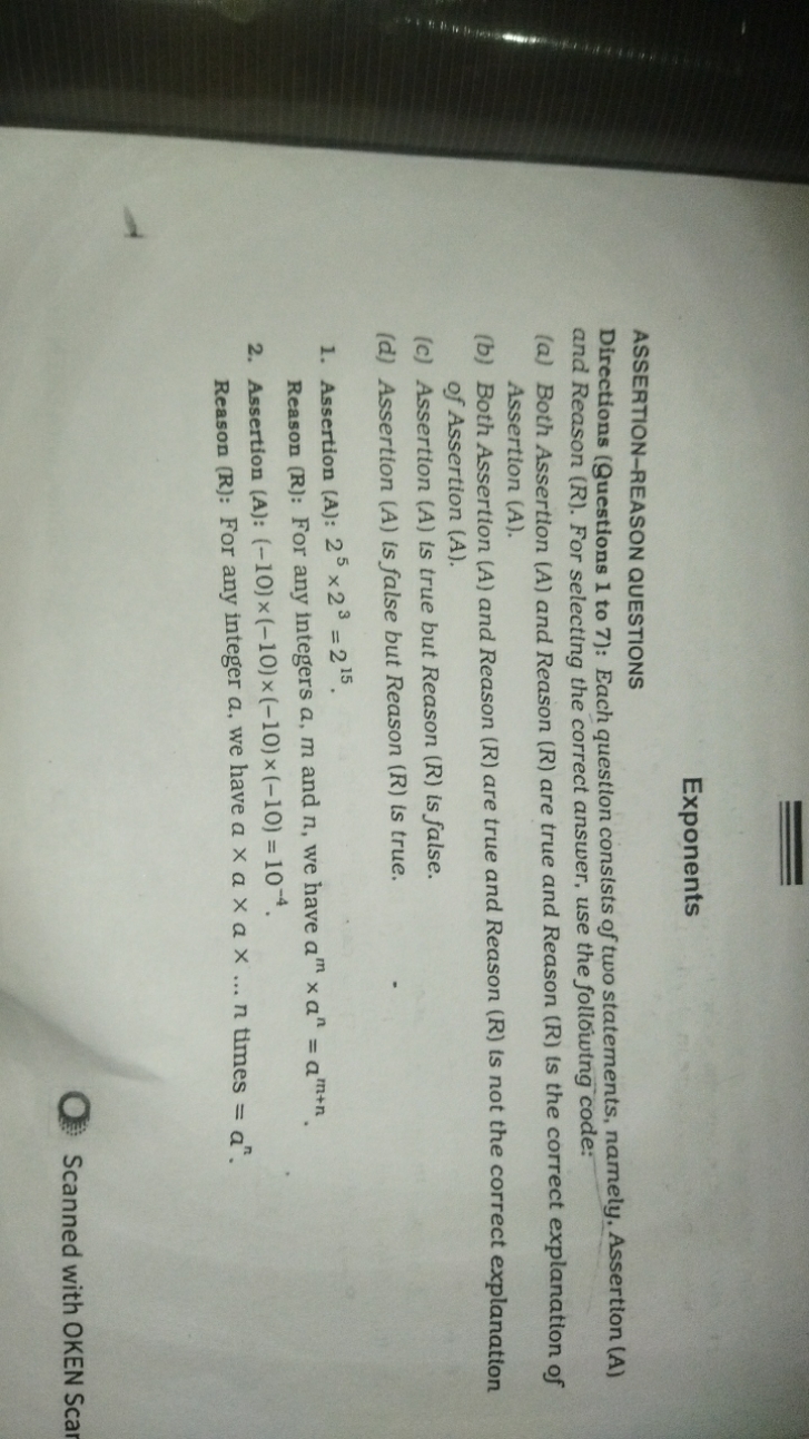 Exponents
ASSERTION-REASON QUESTIONS
Directions (Questions 1 to 7): Ea