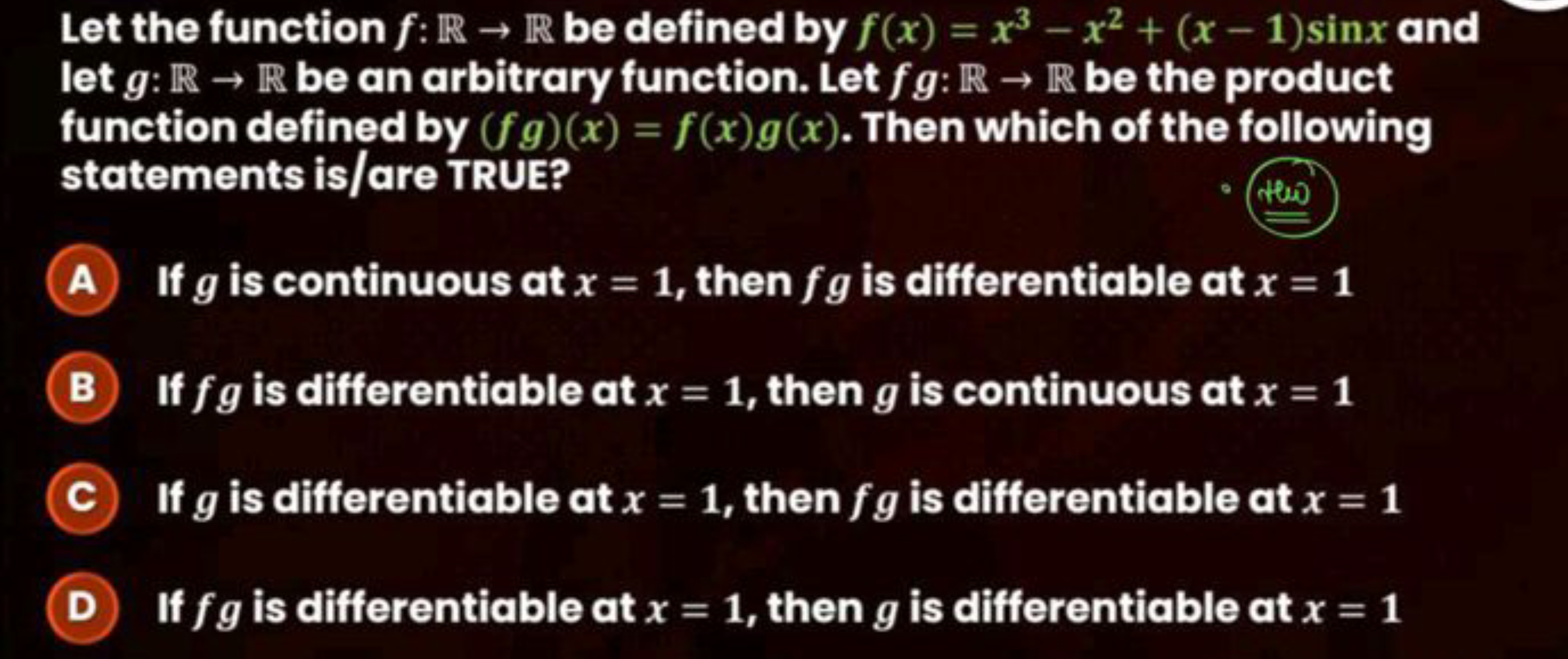 Let the function f:R→R be defined by f(x)=x3−x2+(x−1)sinx and let g:R→