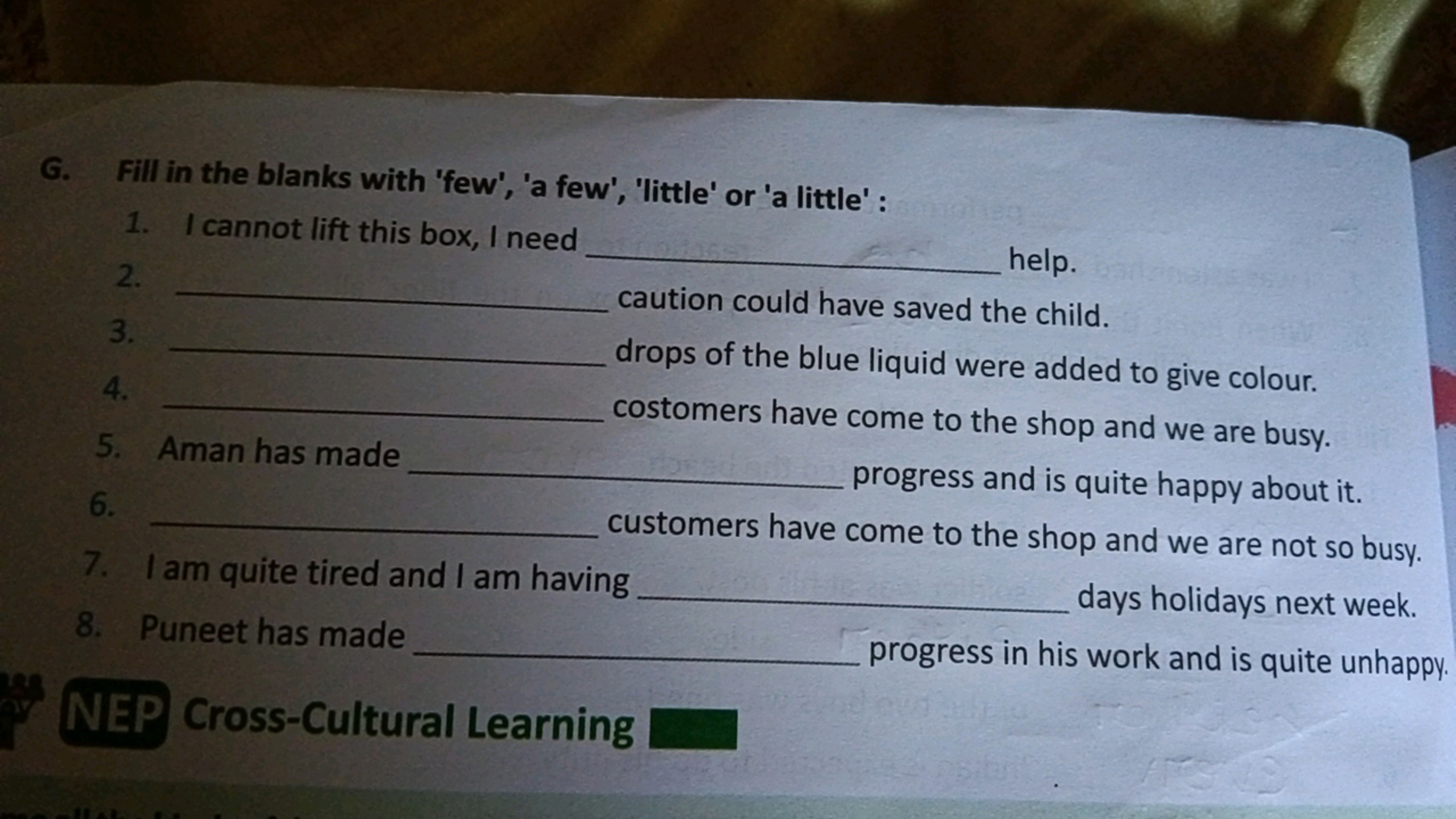 G. Fill in the blanks with 'few', 'a few', 'little' or 'a little' :
1.