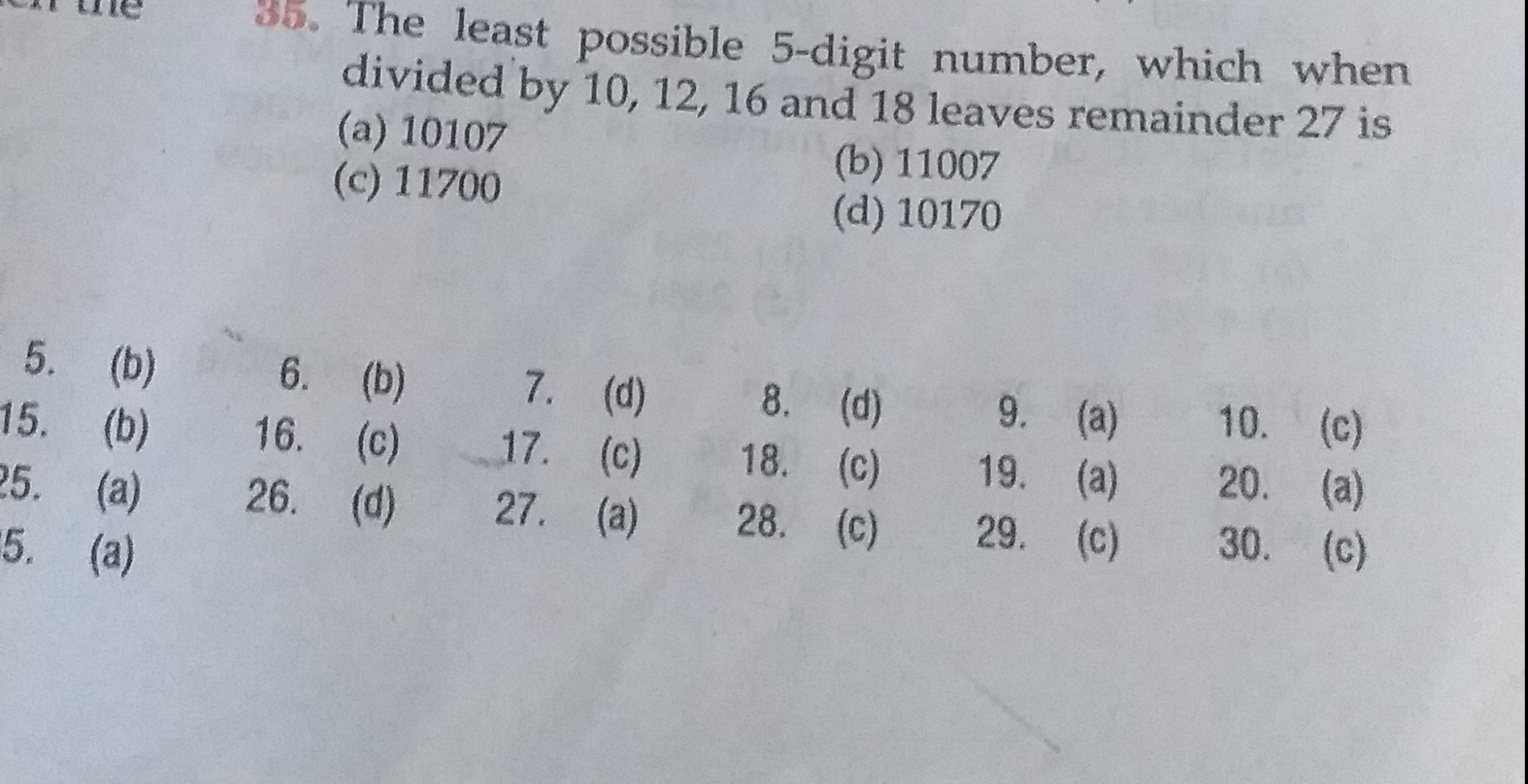 35. The least possible 5-digit number, which when divided by 10,12,16 