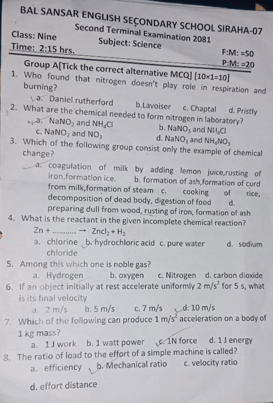 BAL SANSAR ENGLISH SEC̣ONDARY SCHOOL SIRAHA-07
Second Terminal Examina