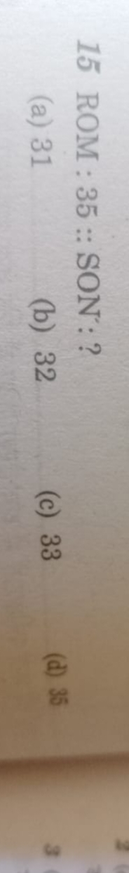 15 ROM : 35 :: SON : ?
(a) 31
(b) 32
(c) 33
(d) 35