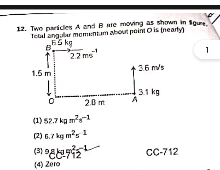 12. Two particles A and B are moving as shown in figure, Total angular