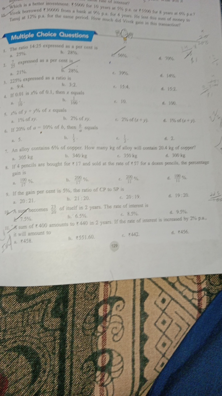 

Multiple Choice Questions
1. The ratio 14.25 expressed as a per cent