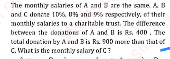 The monthly salaries of A and B are the same. A,B and C donate 10%,8% 