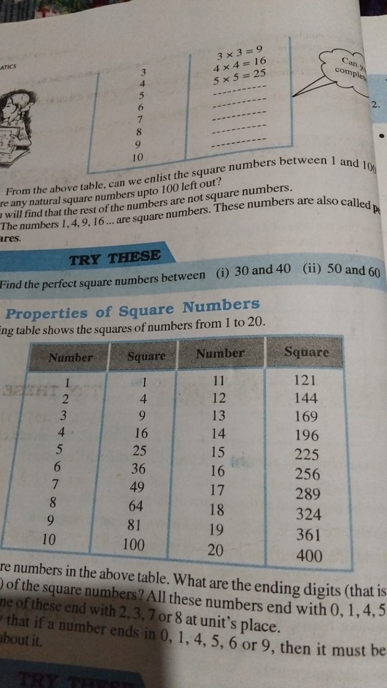 From the above table, can we enlist the square numbers between 1 and 1