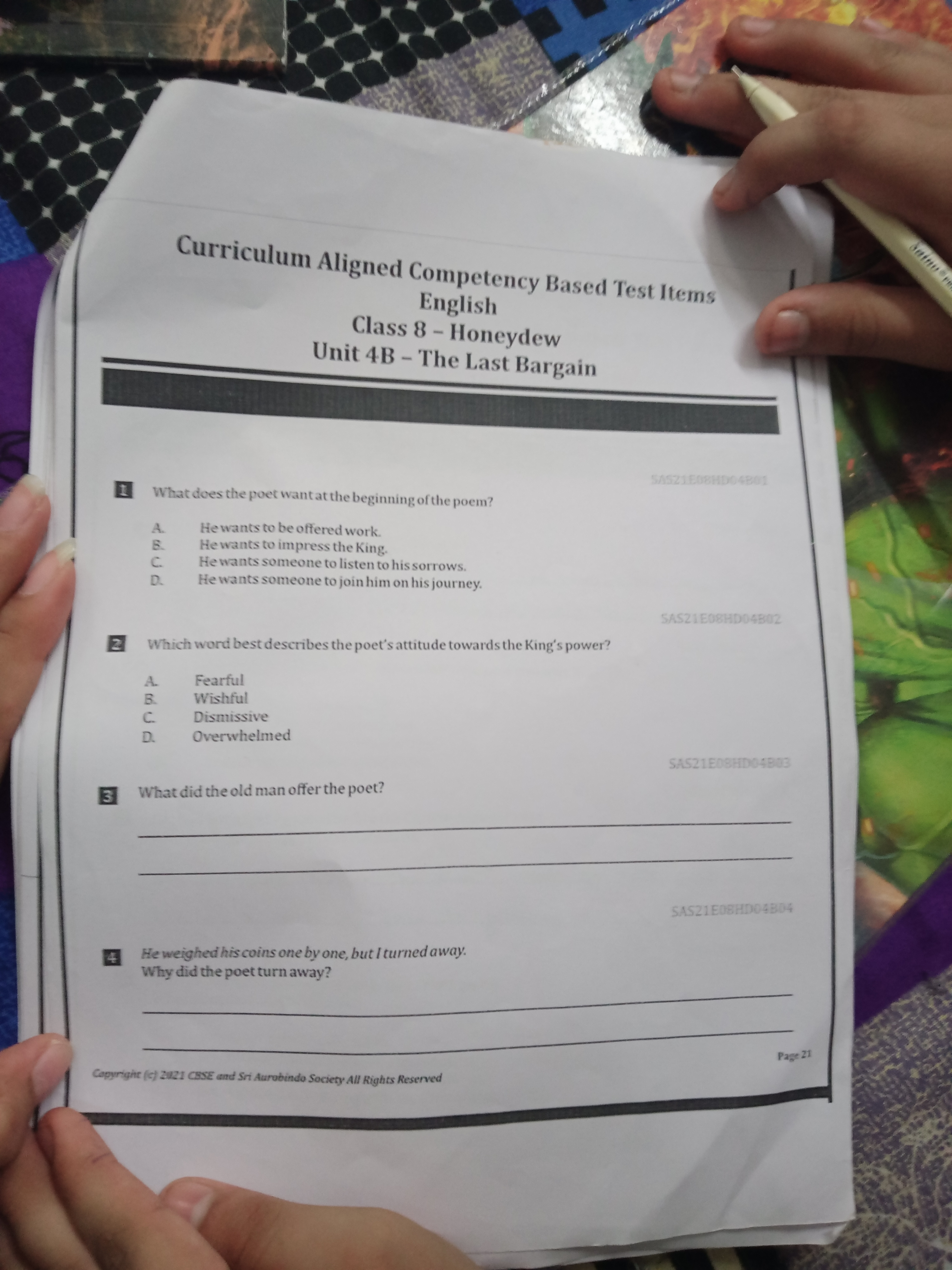 Curriculum Aligned Competency Based Test Items English
Class 8 - Honey