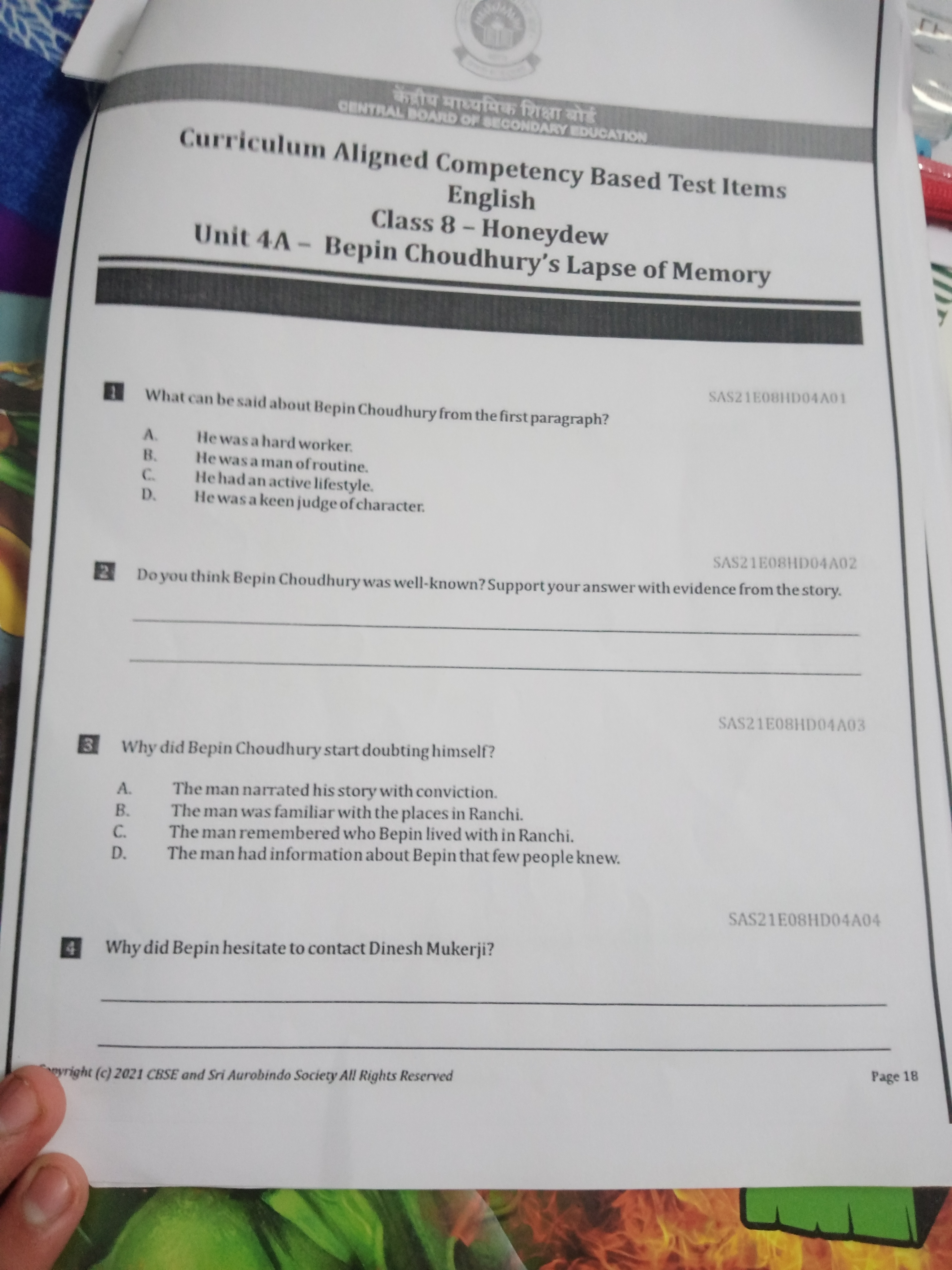 
Curriculum Aligned Competency Based Test Items English
Class 8 - Hone