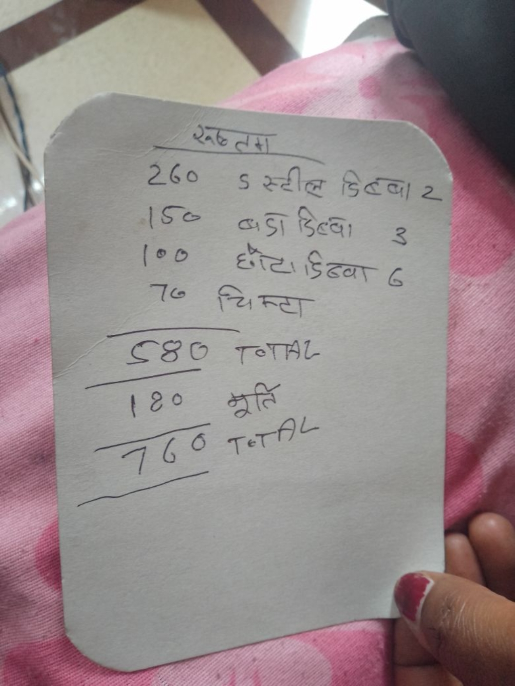 रूक्तम1
260 डस्टील डिब्ध 2 150 बडा मिल्वा 3 100 होटा। डिब्या 6 76 चिस्