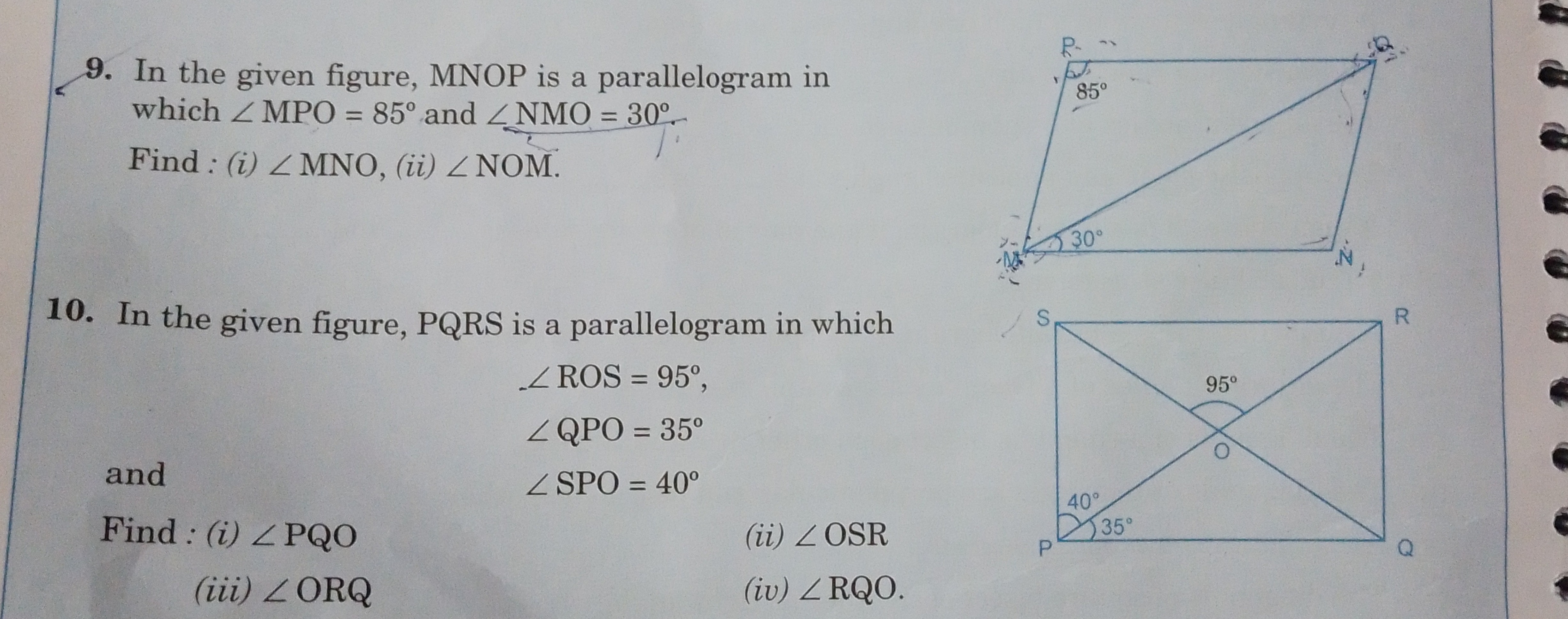 9. In the given figure, MNOP is a parallelogram in
which MPO = 85° and