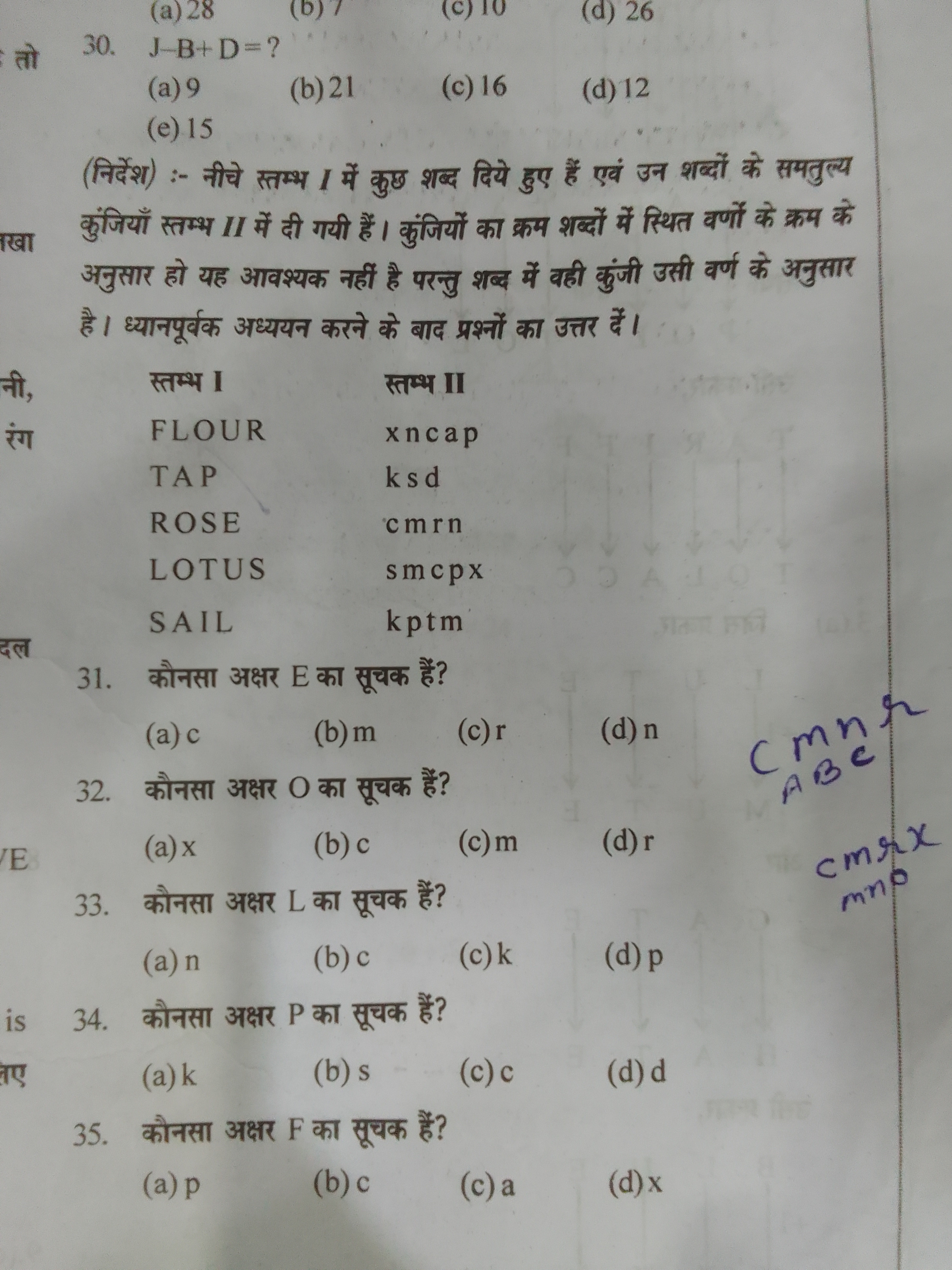 30. J−B+D= ?
(a) 9
(b) 21
(c) 16
(d) 12
(e) 15
(निर्देश) :- नीचे स्तम्