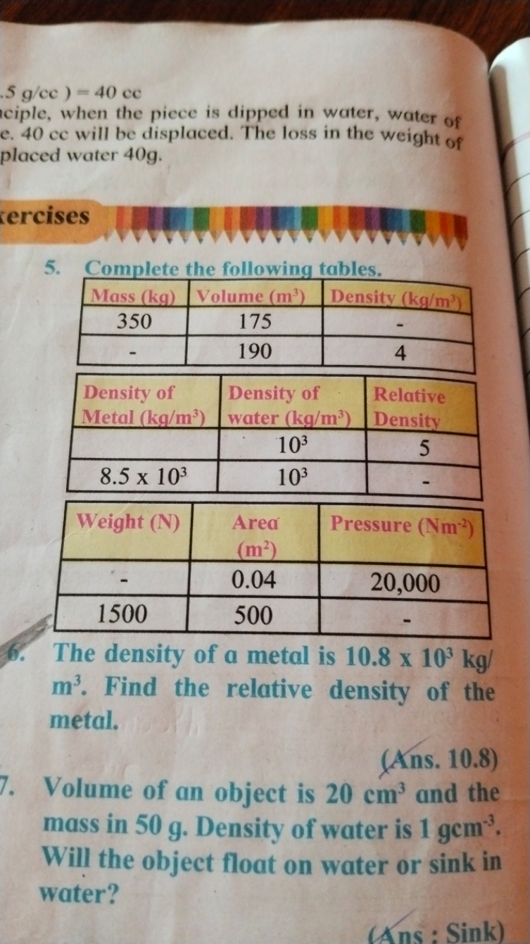 5 g/cc)=40cc
iciple, when the piece is dipped in water, water of e. 40