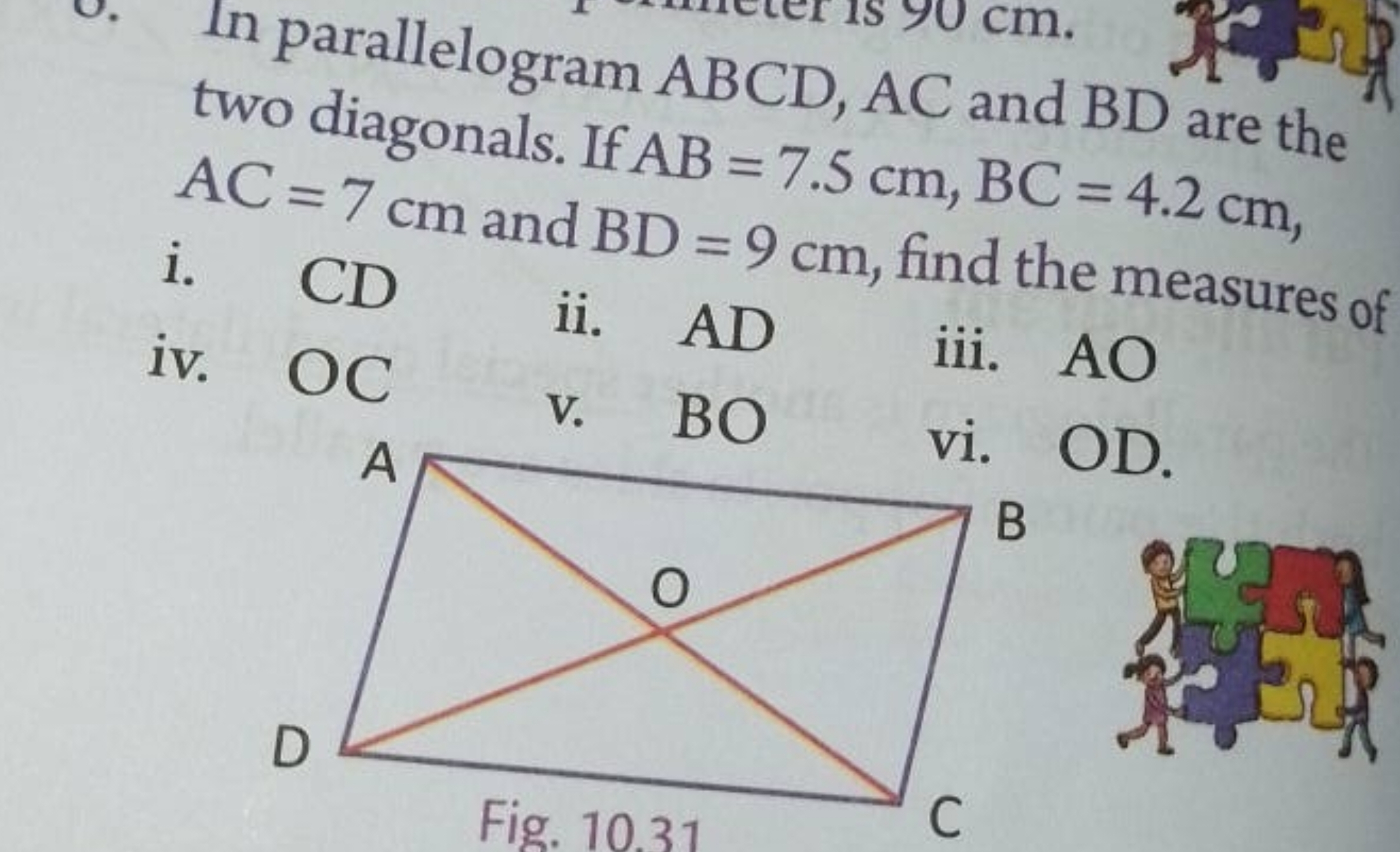 In parallelogram ABCD,AC and BD are the two diagonals. If AB=7.5 cm,BC