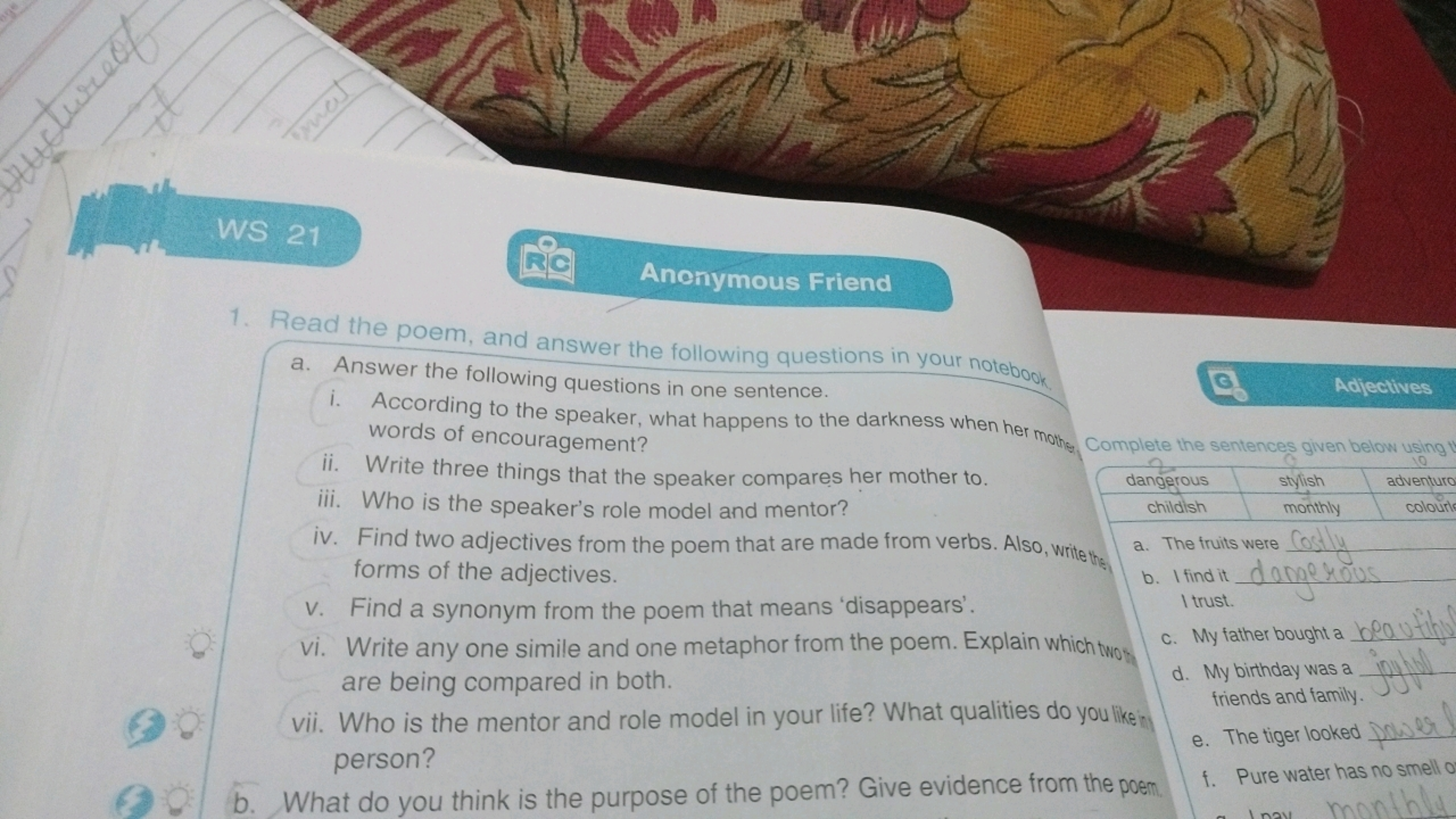 WS 21
Anonymous Friend
1. Read the poem, and answer the following ques