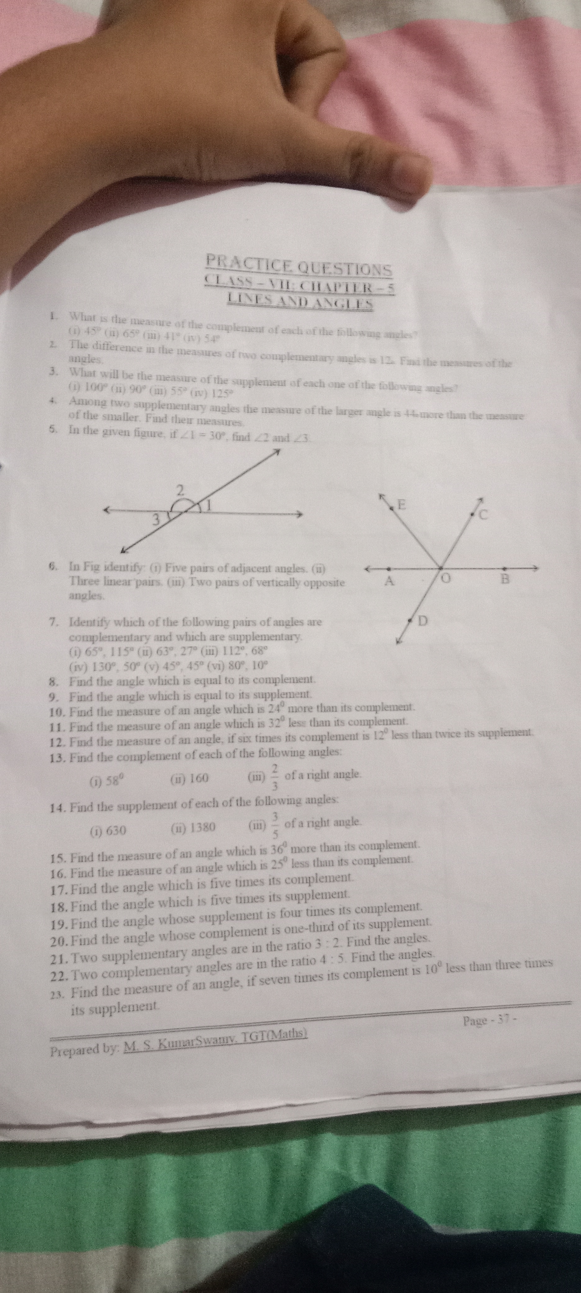 PRACTICE QUESTIONS
CLASS-VII: CHAPTER-5
LINES AND ANGLES
1. What is th