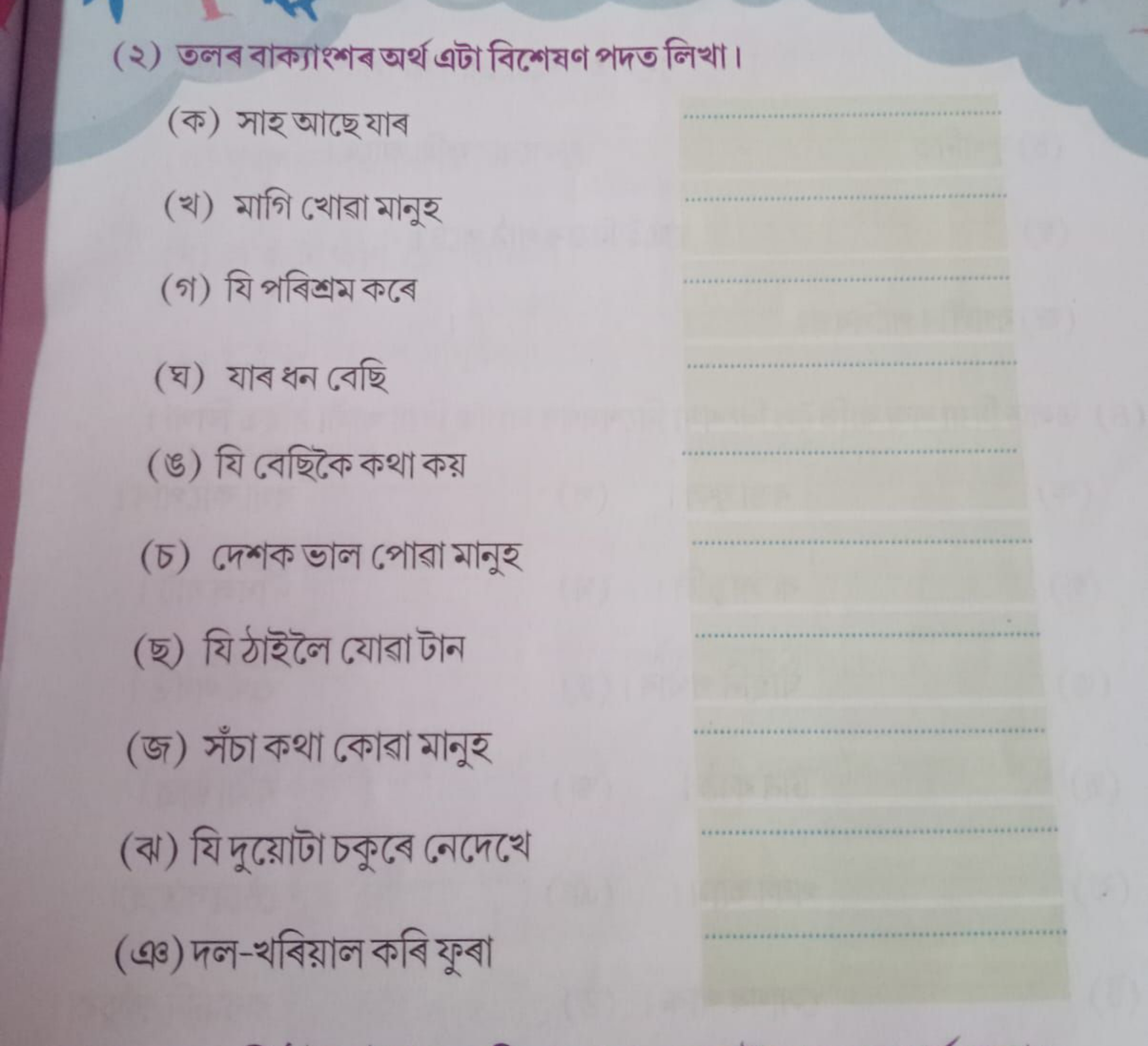 (২) তলব বাক্যাংশব অর্থ এটা বিশেষণ পদত লিখা।
(ক) সাহু আছে যাব
(খ) মাগি 