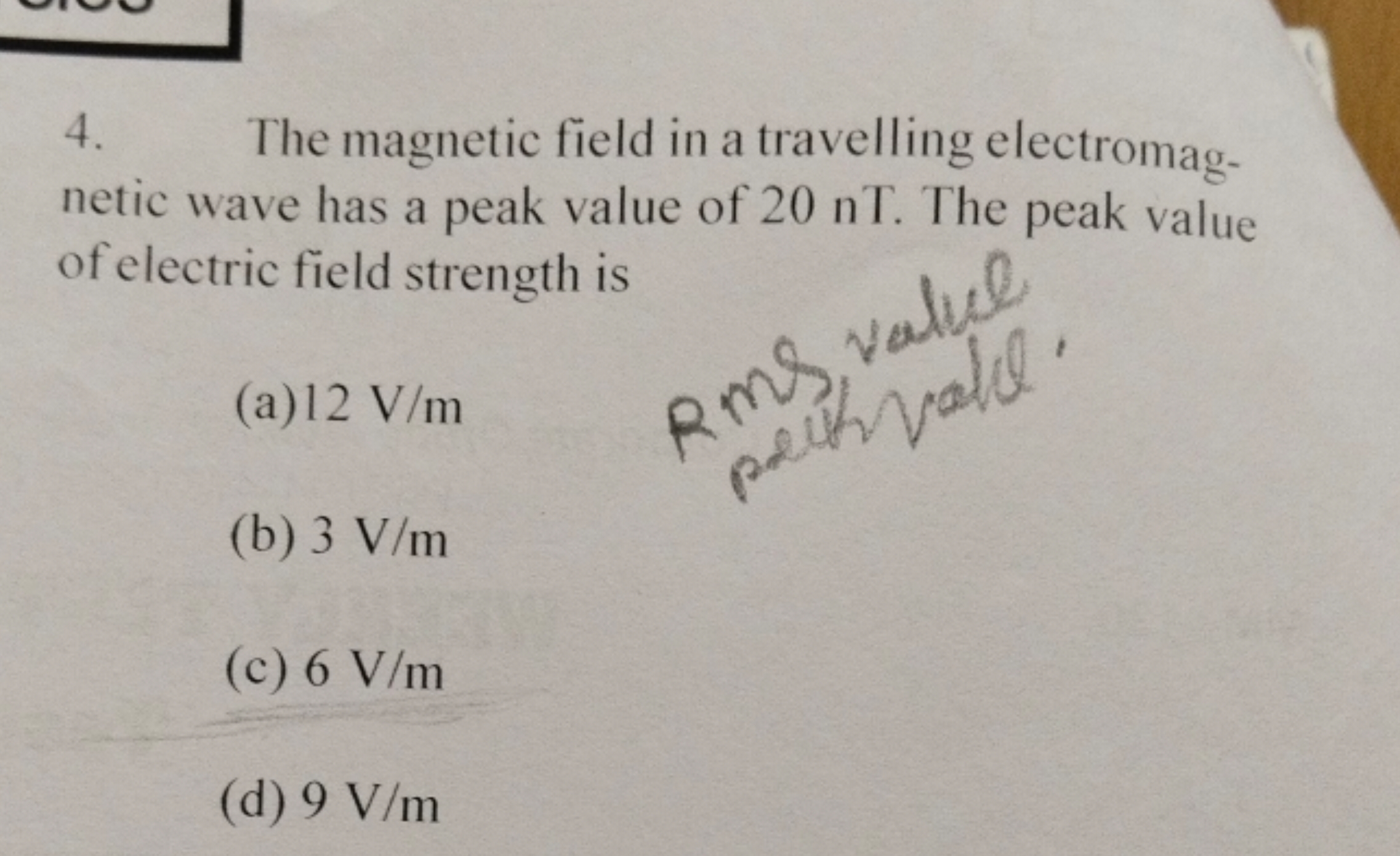 4. The magnetic field in a travelling electromag. netic wave has a pea