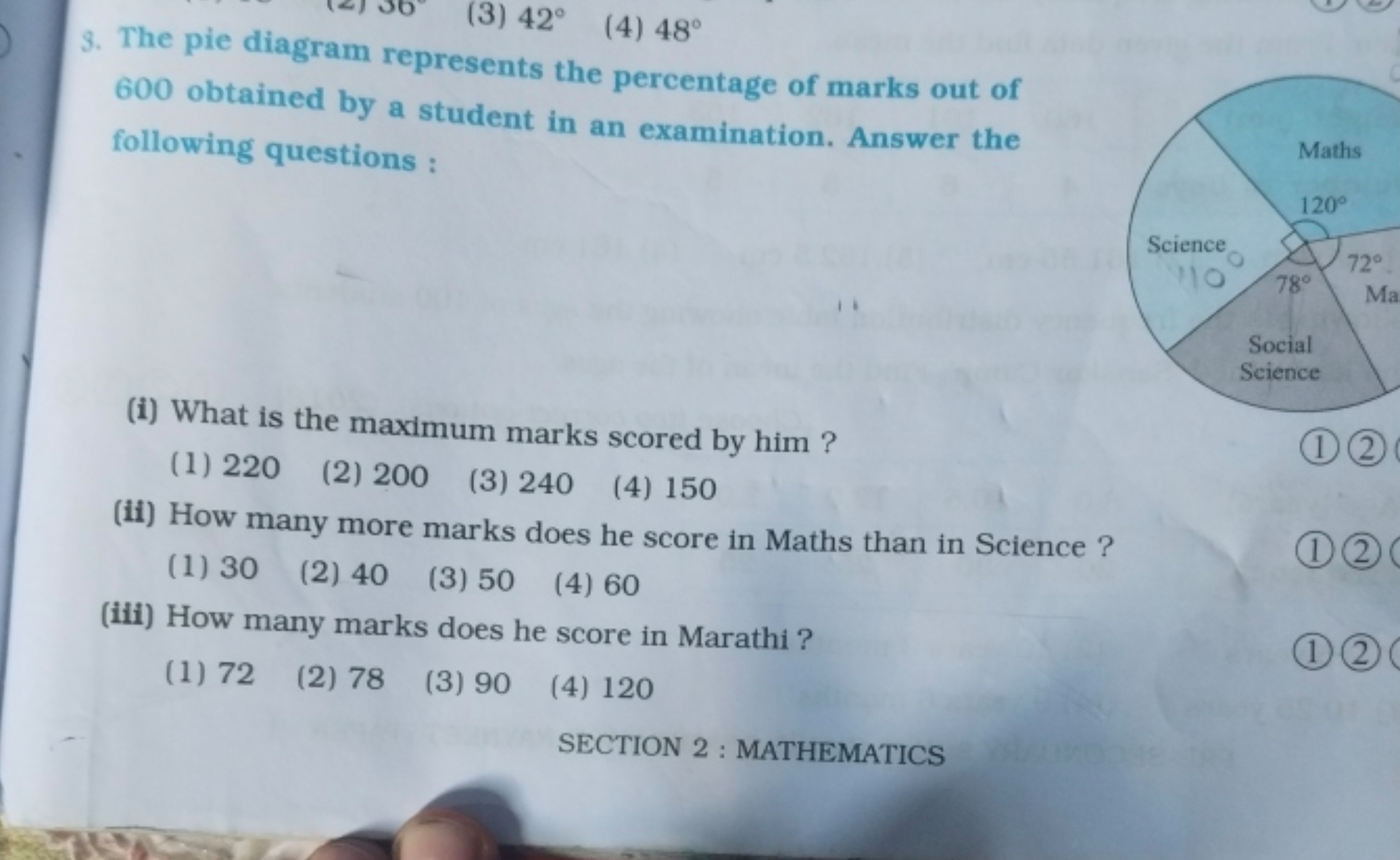 (3) 42∘
(4) 48∘
3. The pie diagram represents the percentage of marks 