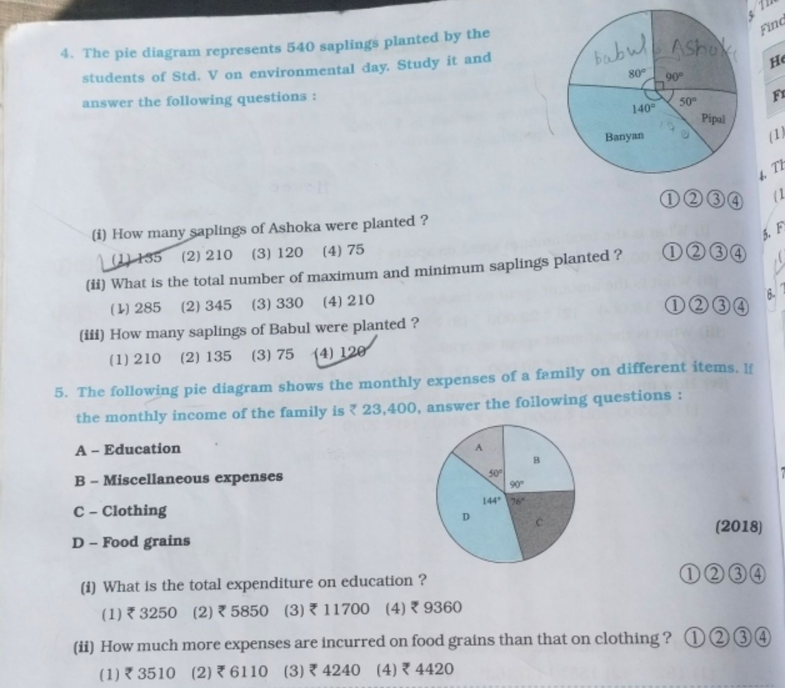 4. The pie diagram represents 540 saplings planted by the students of 