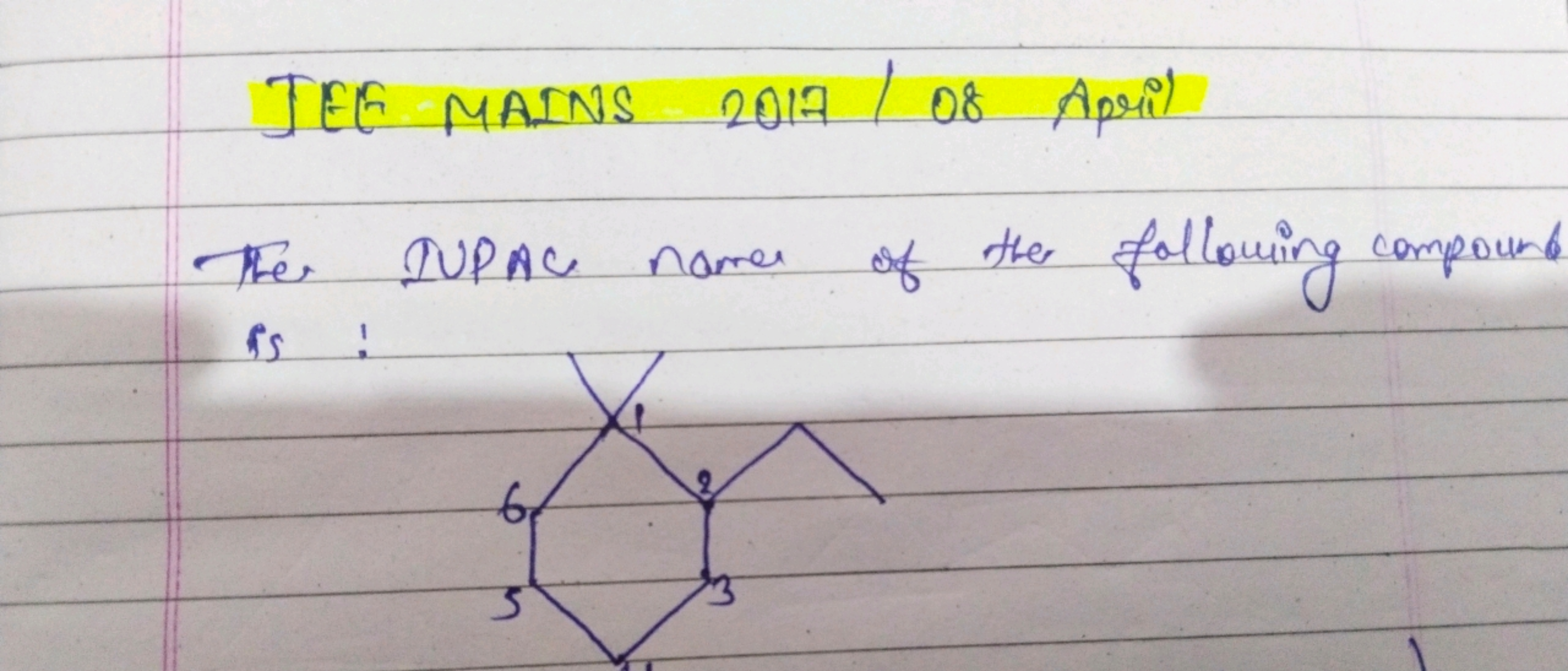 TEE MAINS 2017 / O8 April
The IUPAC names of the following compound is