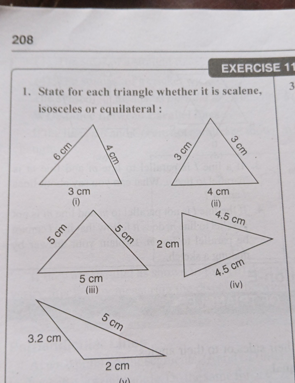 208
EXERCISE 11
1. State for each triangle whether it is scalene, isos