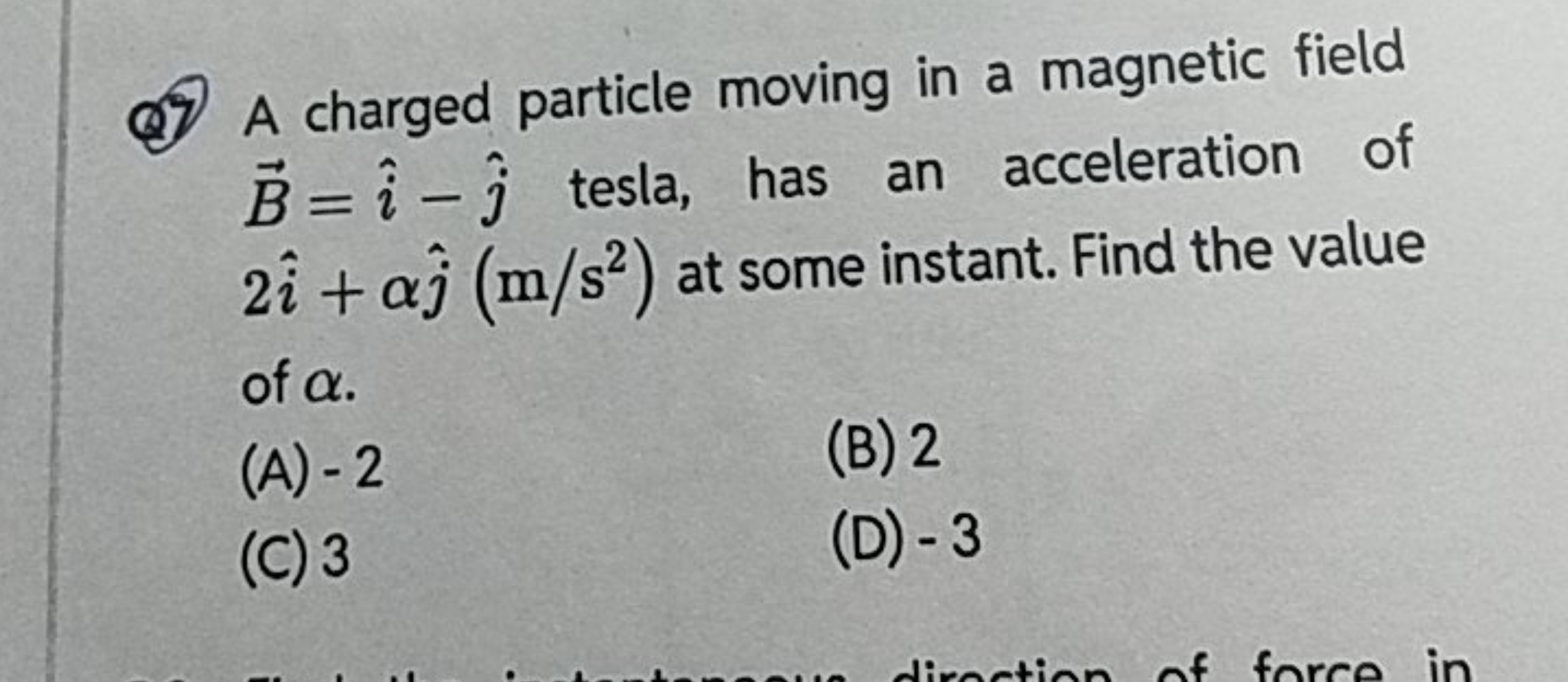 (4) A charged particle moving in a magnetic field B=i^−j^​ tesla, has 