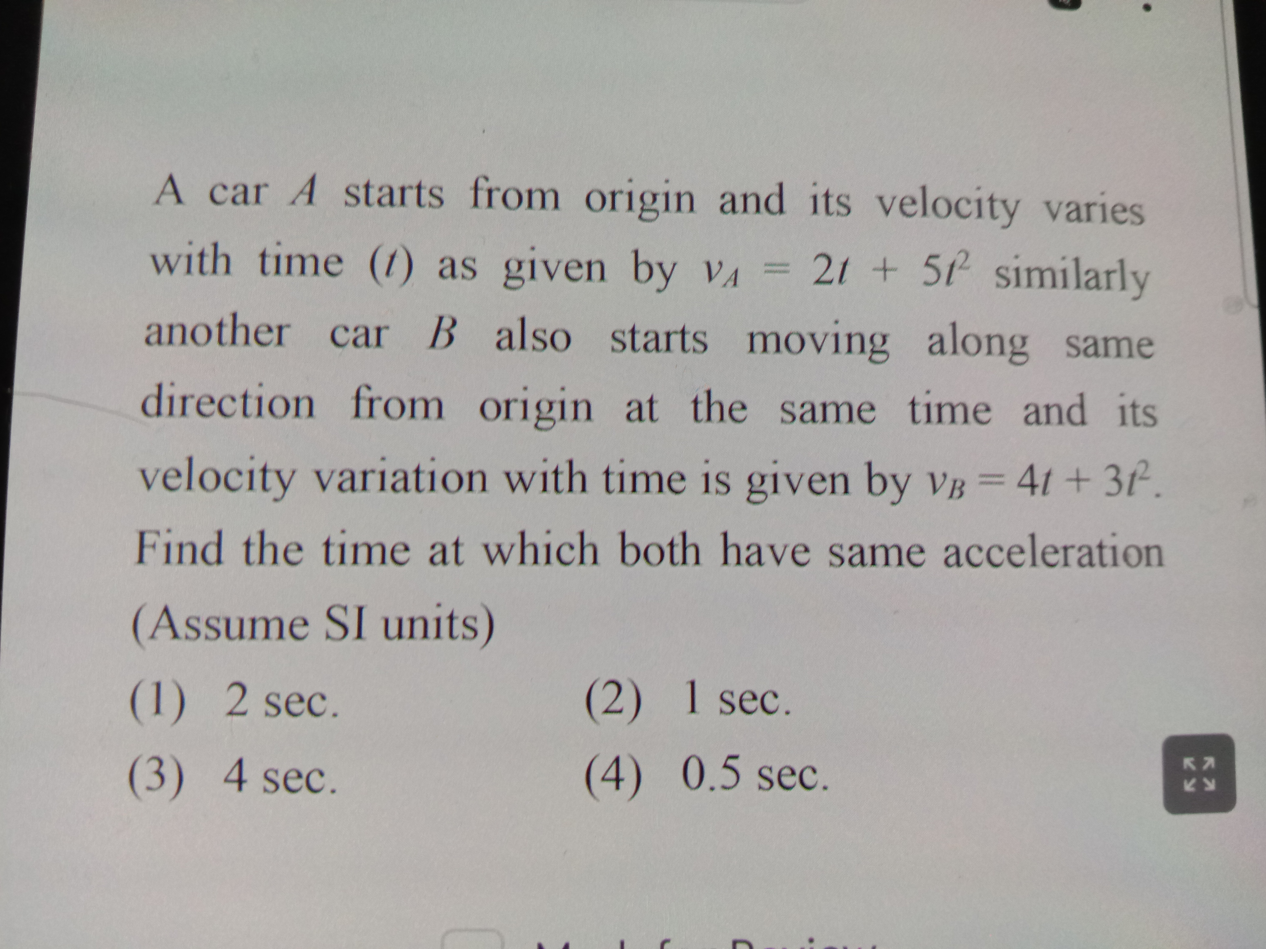 A car A starts from origin and its velocity varies with time (t) as gi