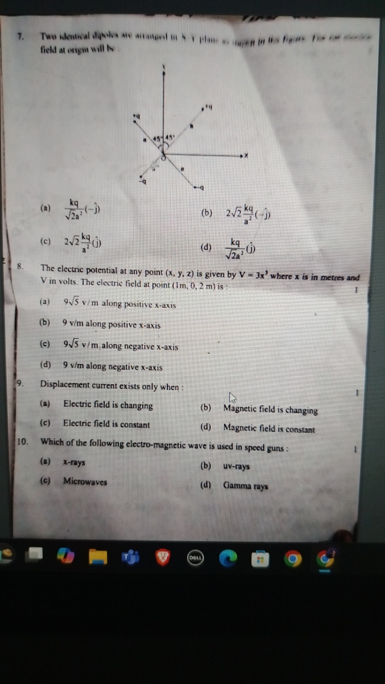  field at cugin will th
(a) 2​a2kq​(−j^​)
(b) 22​a2kq​(−j^​)
(c) 22​a2