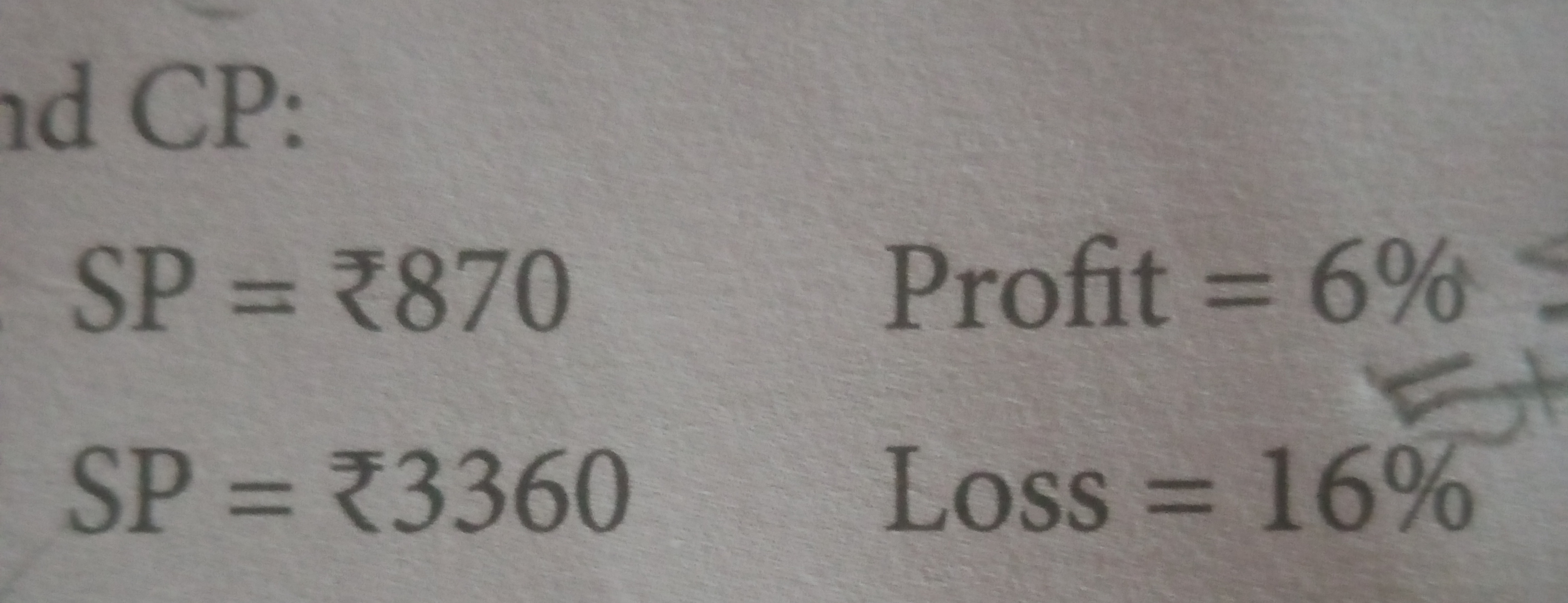 nd CP:
SP = 3870
Profit = 6%
SP = 3360
Loss = 16%