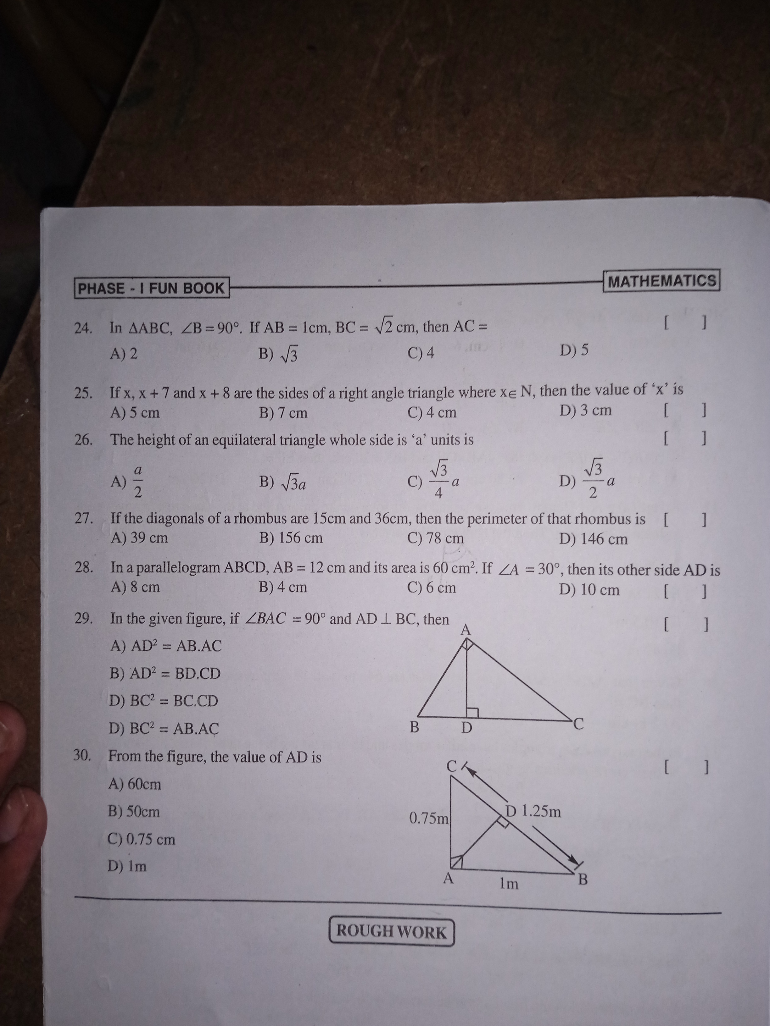 PHASE I FUN BOOK
24. In AABC, ZB=90°. If AB = 1cm, BC = √2 cm, then AC