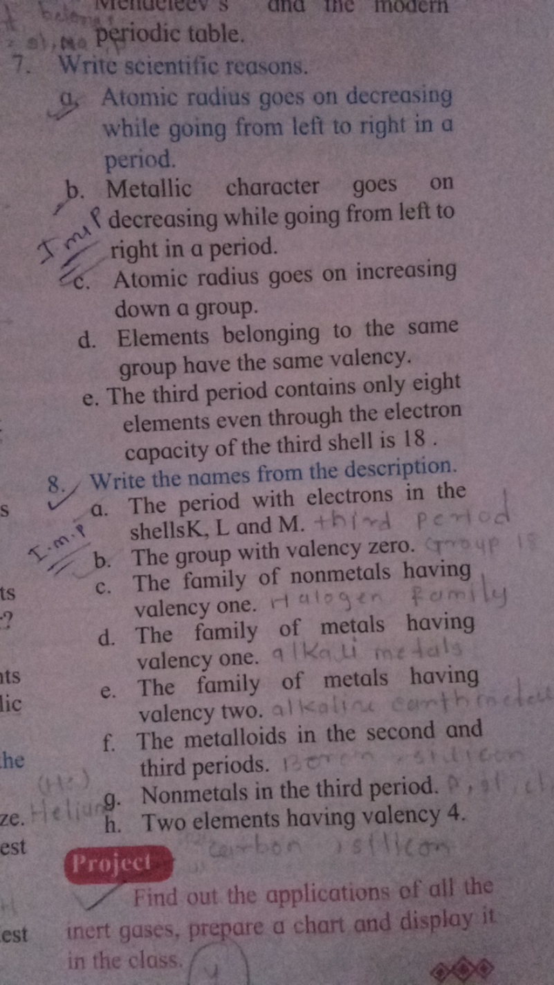 periodic table.
7. Write scientific reasons.
9. Atomic radius goes on 