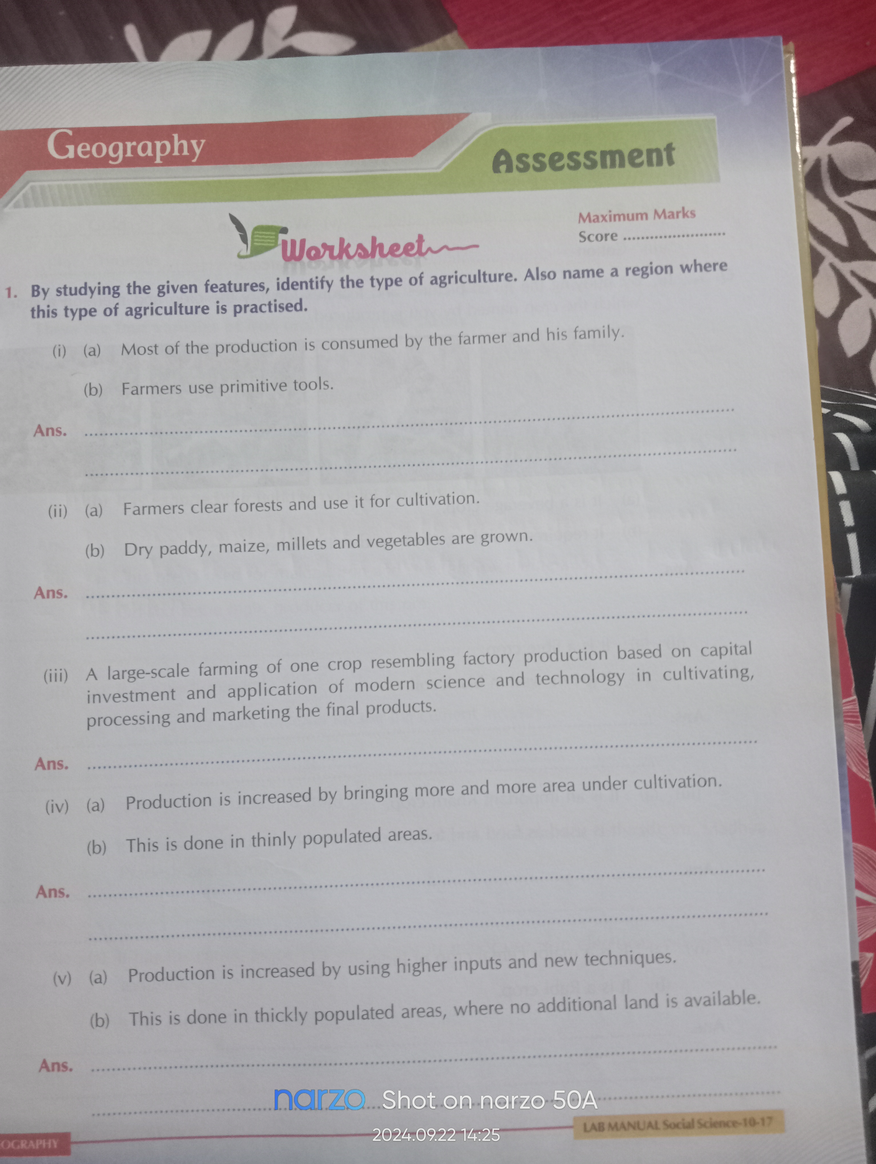 Geography
Assessment
Workshectin
Maximum Marks
Score 
1. By studying t