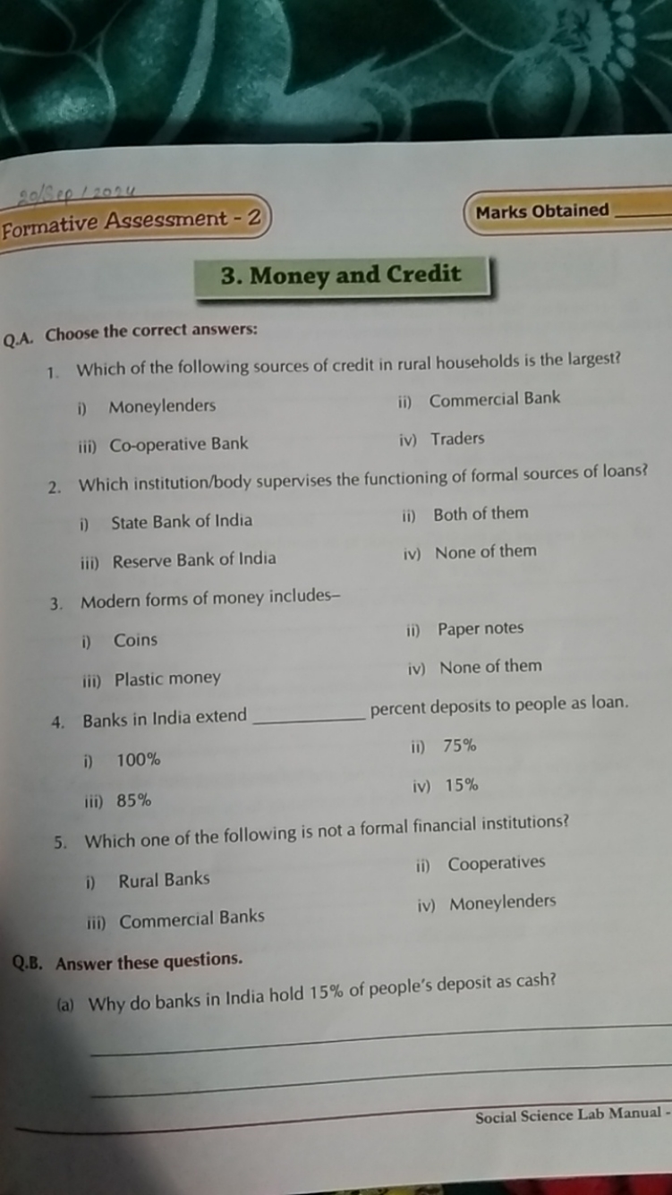 20/5ep/2024
Formative Assessment - 2
Marks Obtained

3. Money and Cred