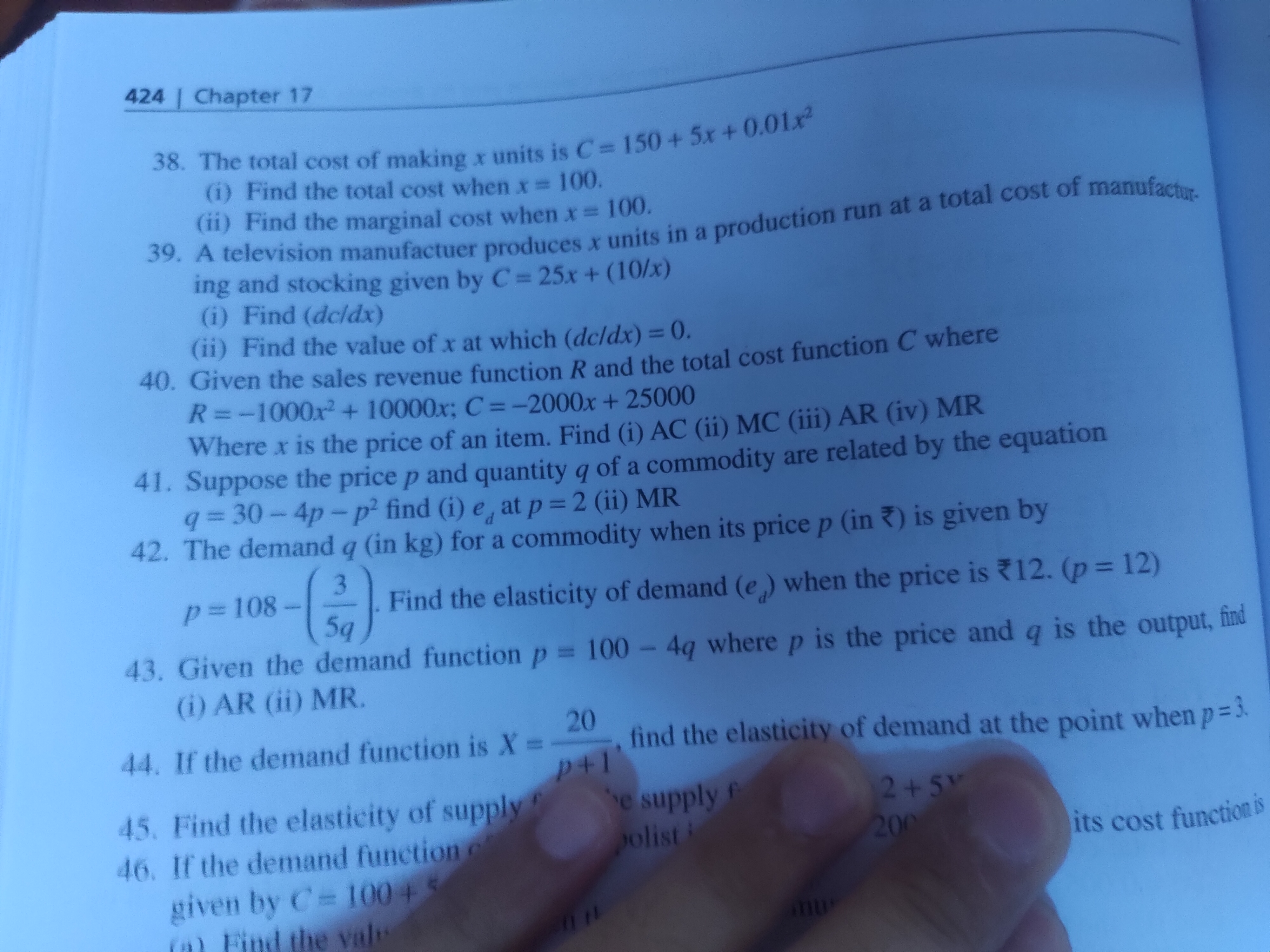 424 | Chapter 17
38. The total cost of making x units is C=150+ 5x + 0