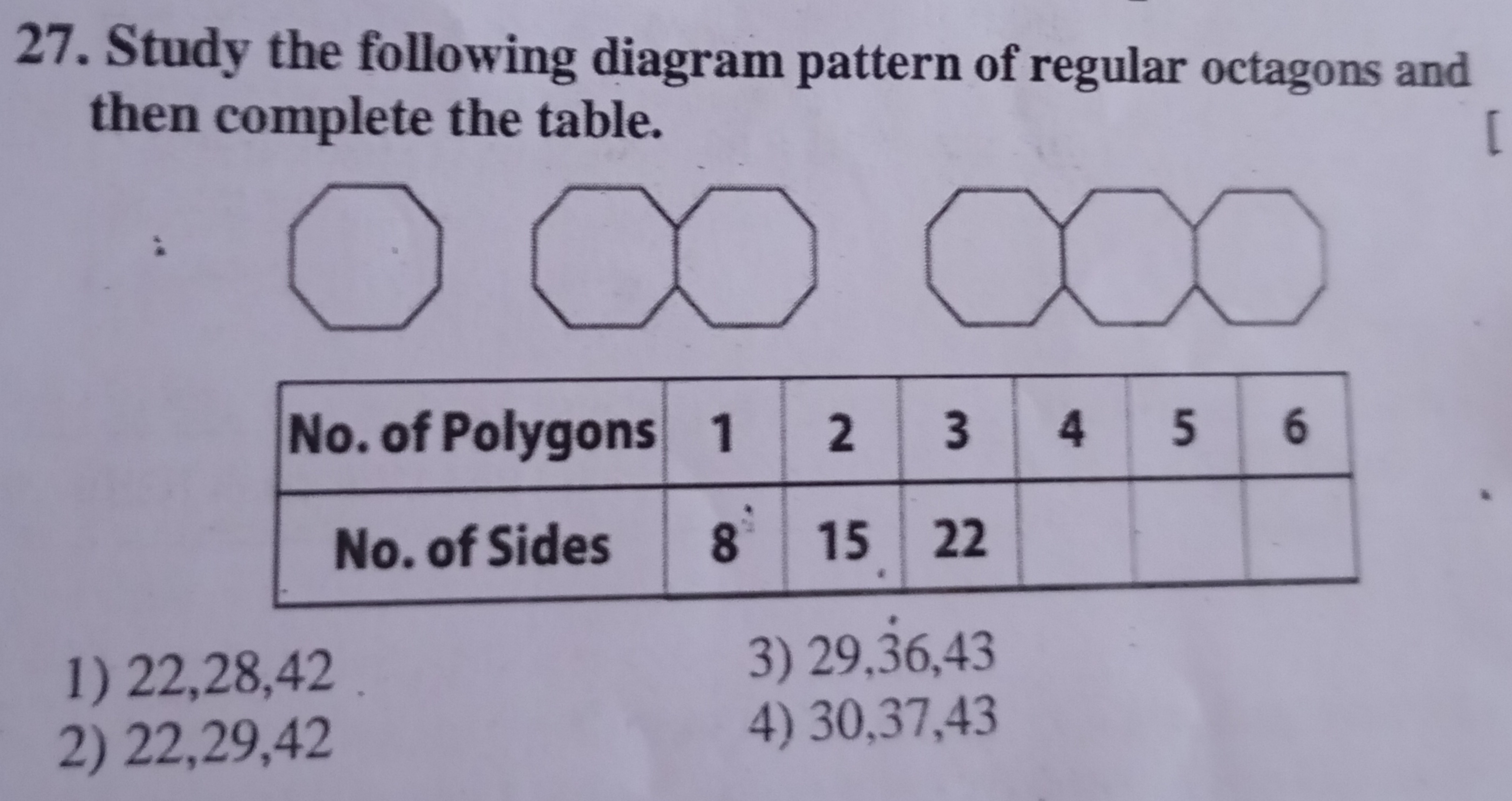 27. Study the following diagram pattern of regular octagons and then c