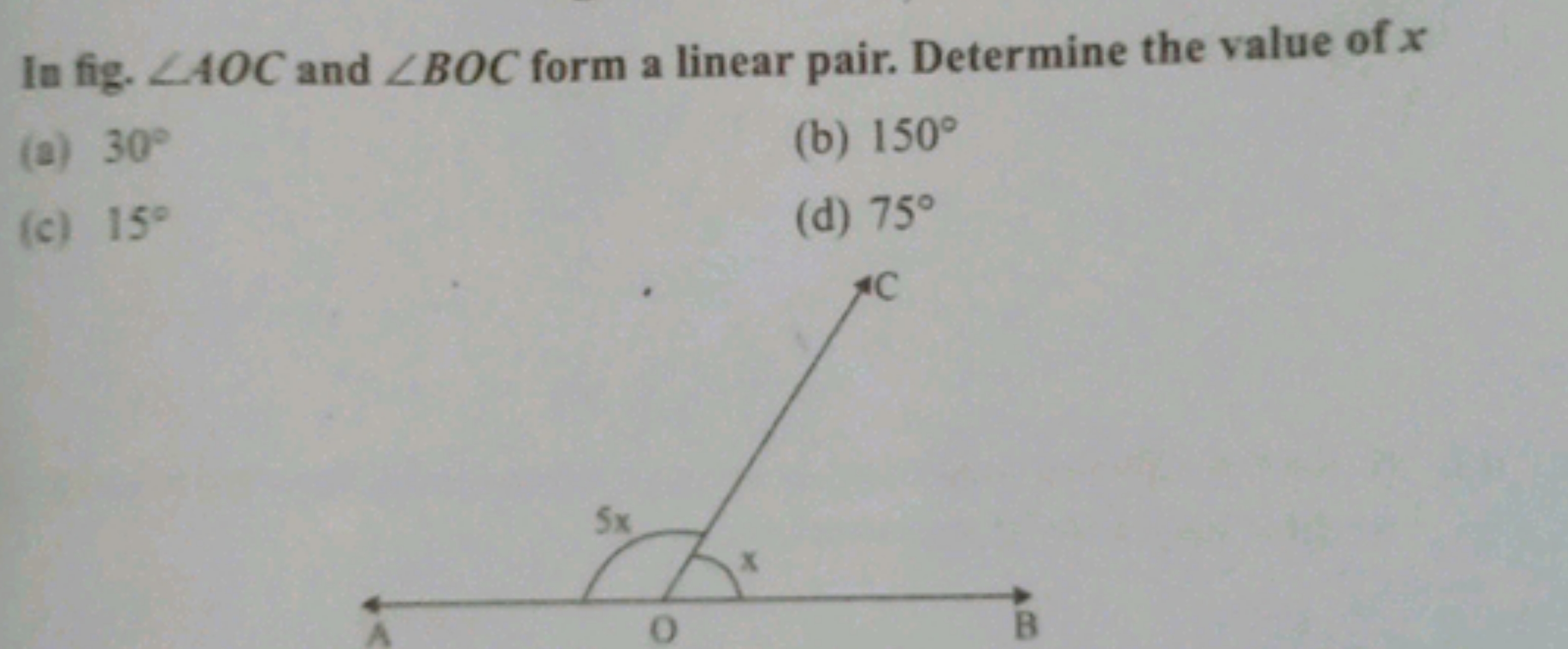 In fig. ∠AOC and ∠BOC form a linear pair. Determine the value of x
(a)