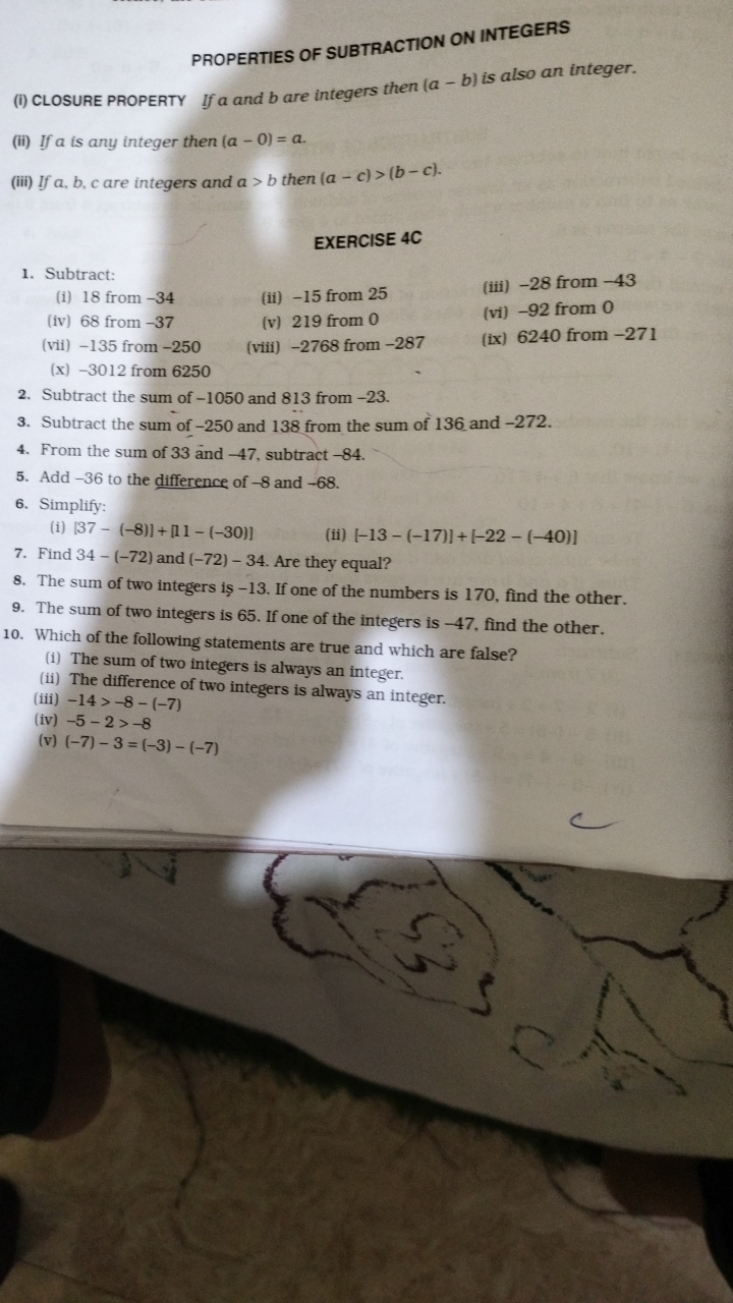 PROPERTIES OF SUBTRACTION ON INTEGERS
(i) CLOSURE PROPERTY If a and b 