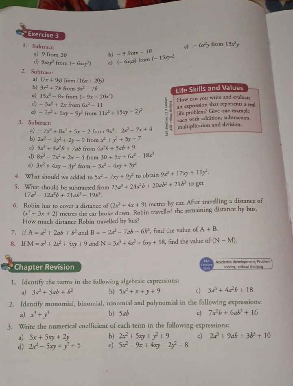 Exercise 3
1. Suburact
a) 9 from 20
b) - 9 from - 10
c) −6x2y from 13x